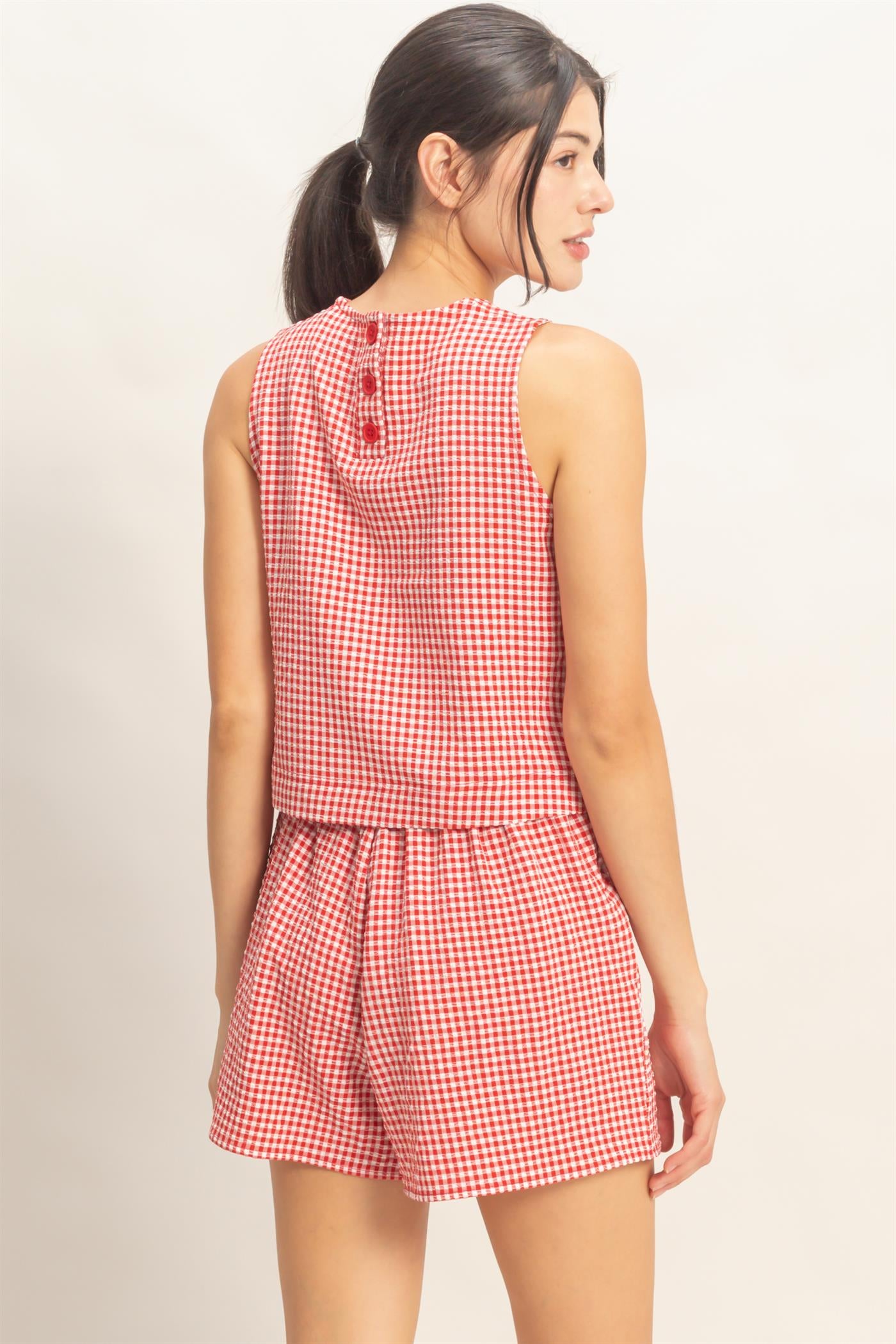 Wholesale Gingham Checkered Sleeveless Top And Skort Set Clothing DZ26C688-SET RED DOUBLE ZERO