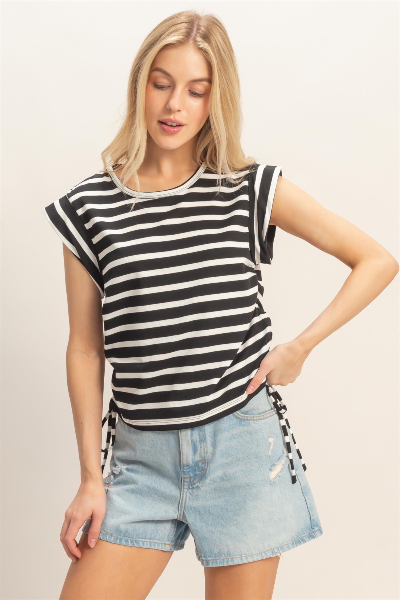 Wholesale Striped Sleeveless Tie-Side Top Clothing Tops HF26A500 BLACK HYFVE