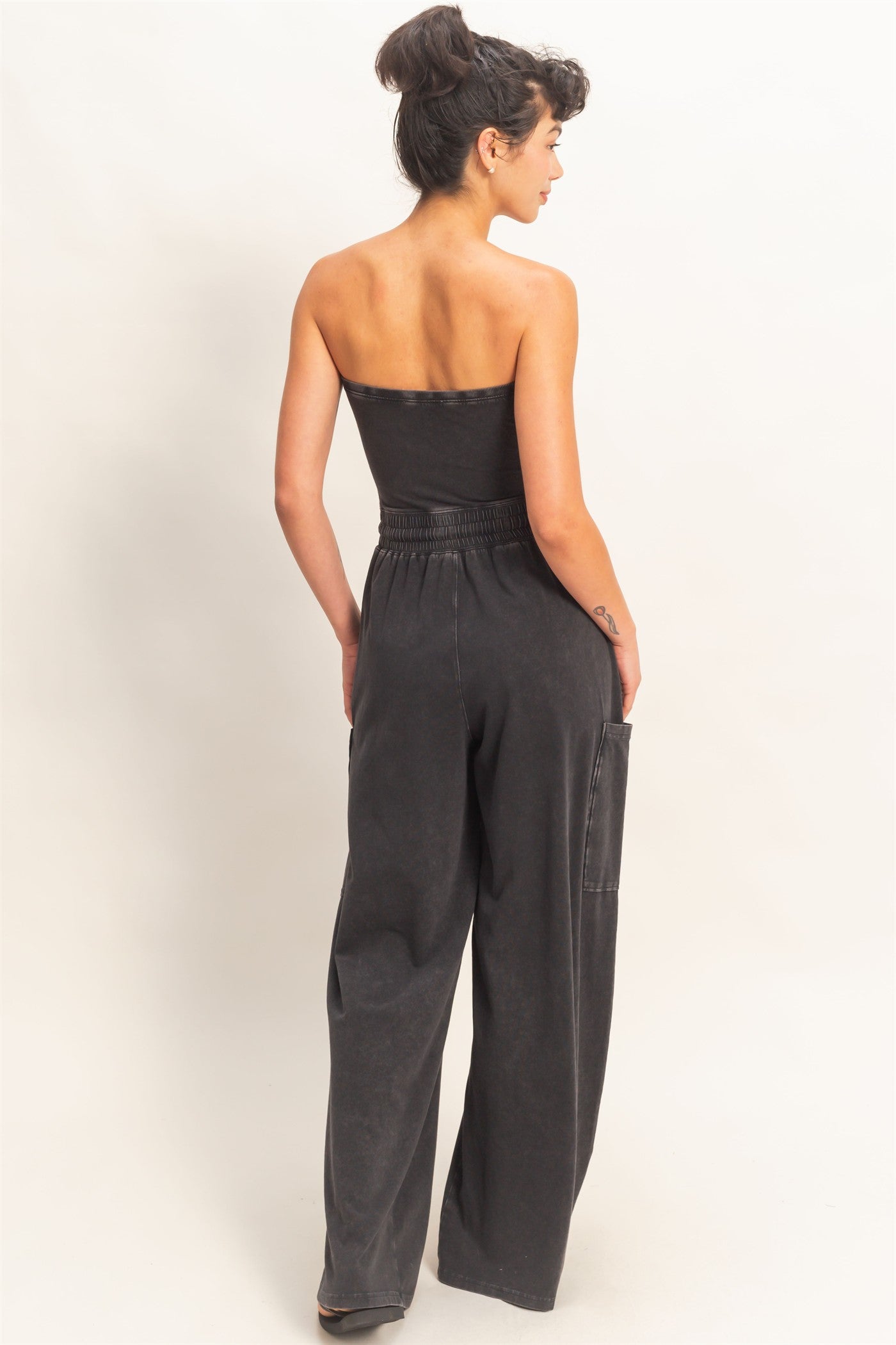 Wholesale Mineral Wash Strapless Wide-Leg Jumpsuit Clothing DZ26C376 BLACK DOUBLE ZERO