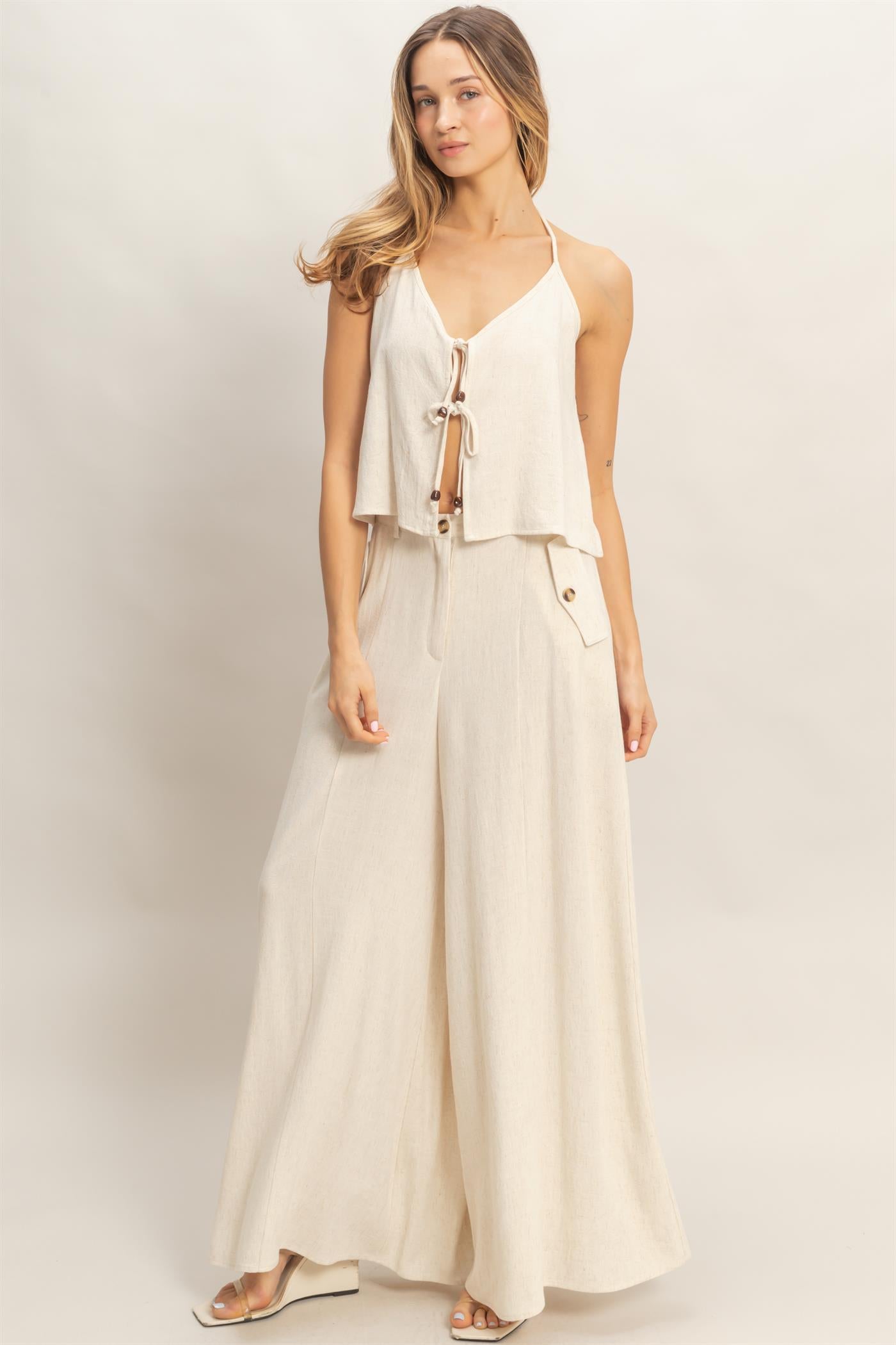 Wholesale Halter Tie Front Top With Beads Detail Blouses HF26A836 OATMEAL HYFVE