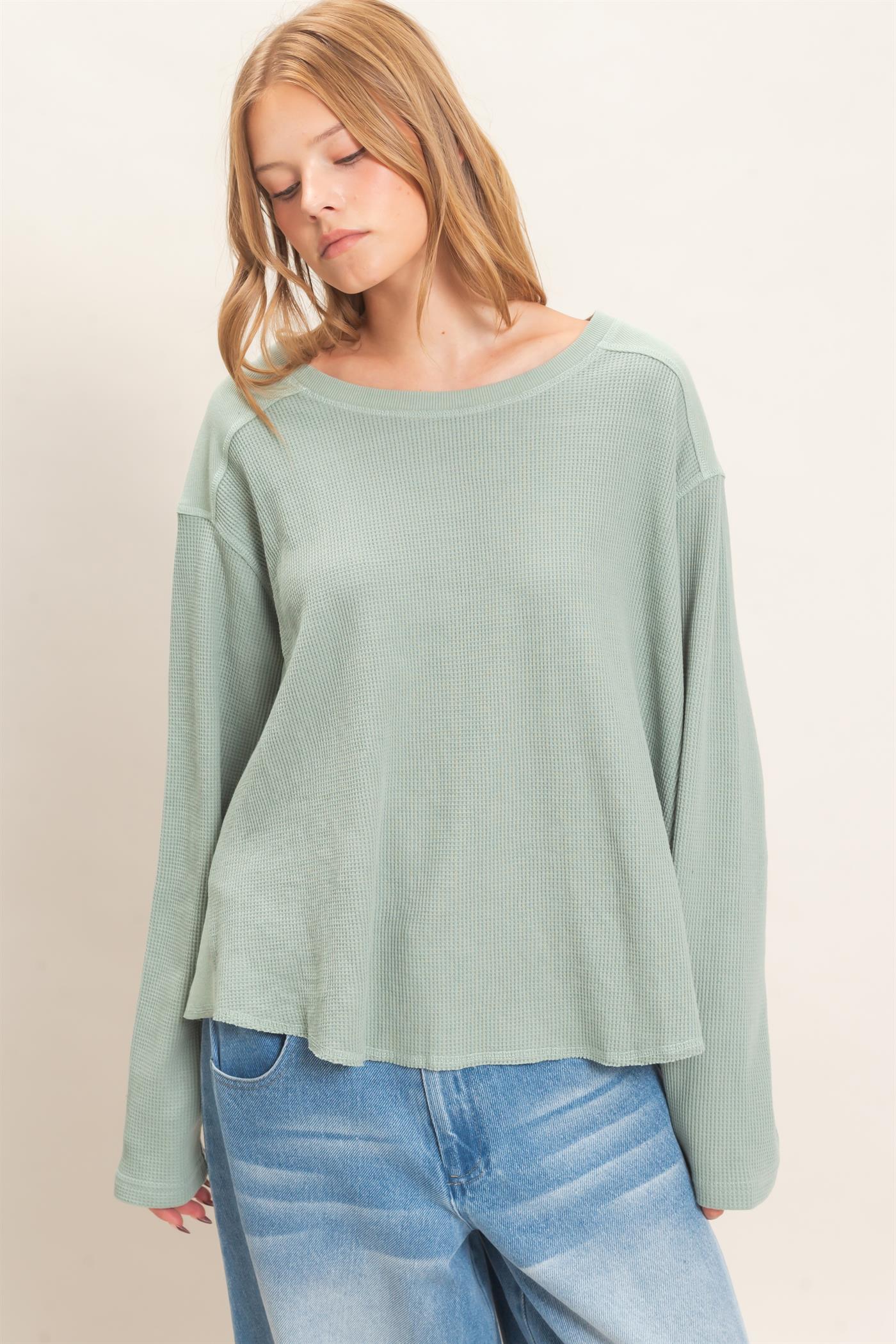 Wholesale Waffle Knit Crew Neck Top Clothing Tops HF26E078 SAGE HYFVE