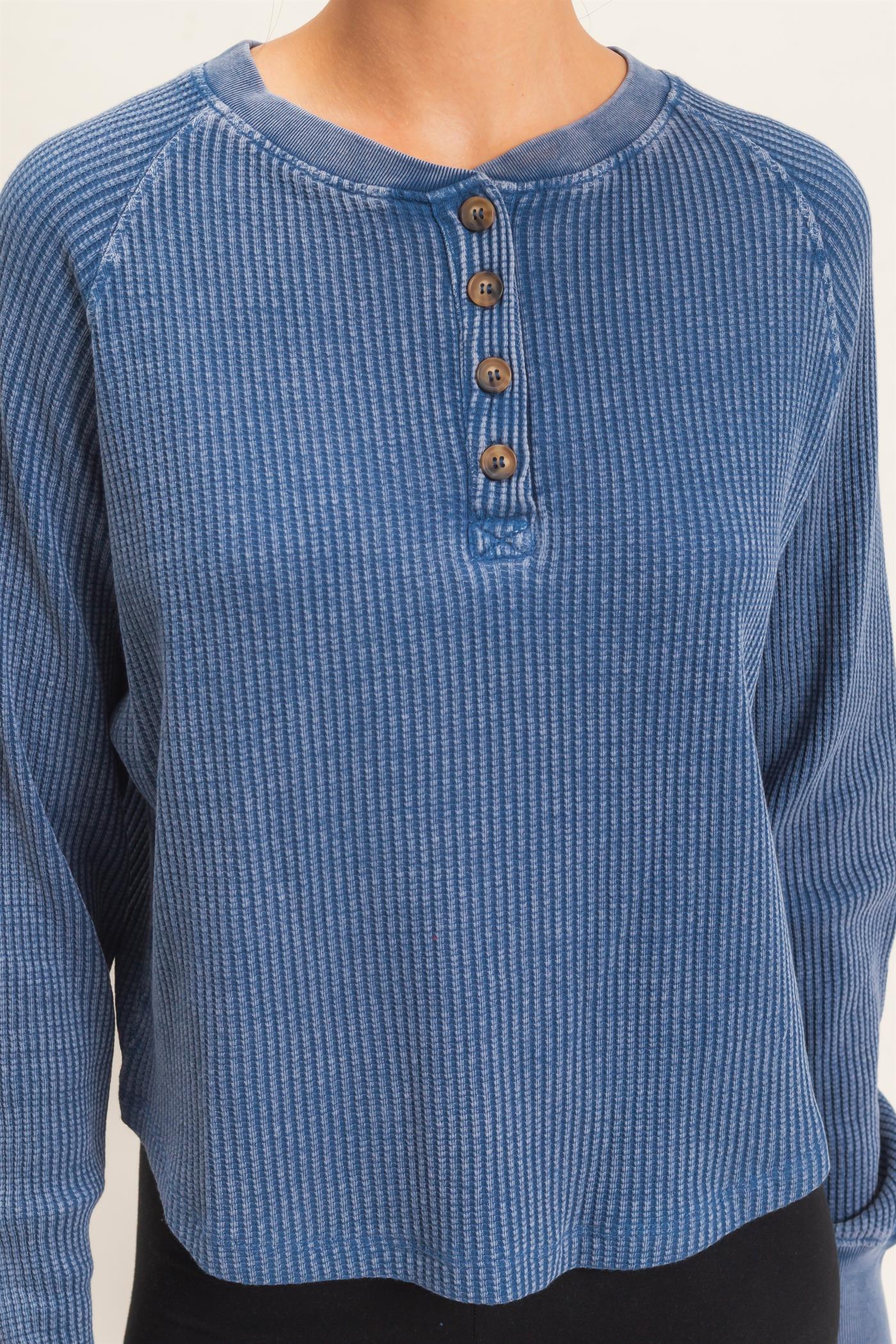 Wholesale Mineral Wash Waffle Knit Henley Top Sweatshirts DZ26E947 NAVY DOUBLE ZERO