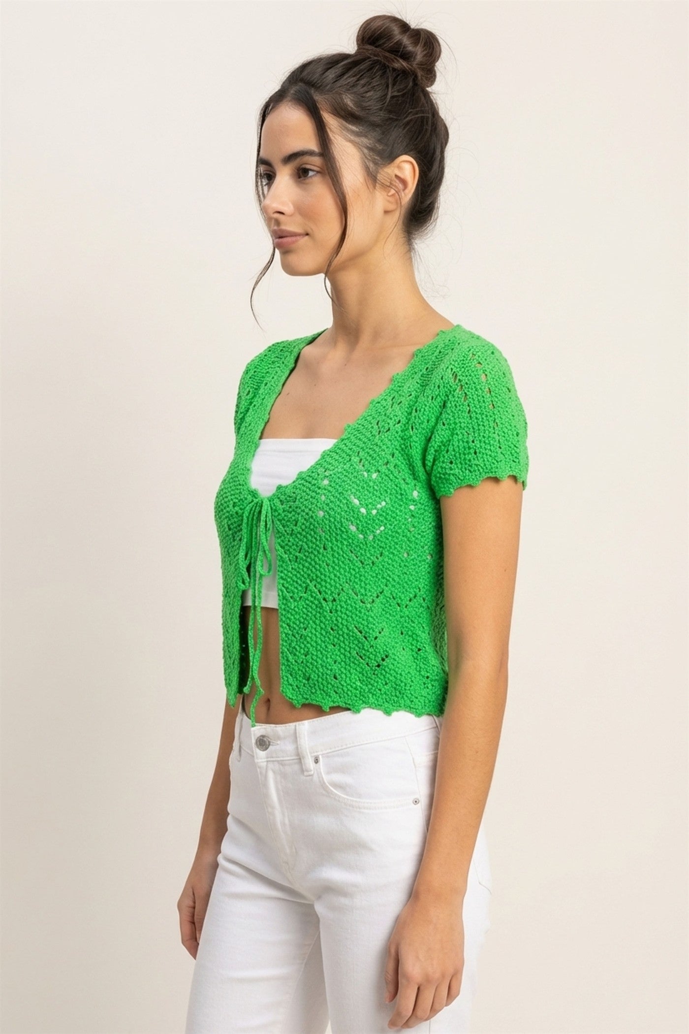 Wholesale Pointelle Tie Front Knit Cardigan Clothing Tops DZ24C268 GREEN DOUBLE ZERO