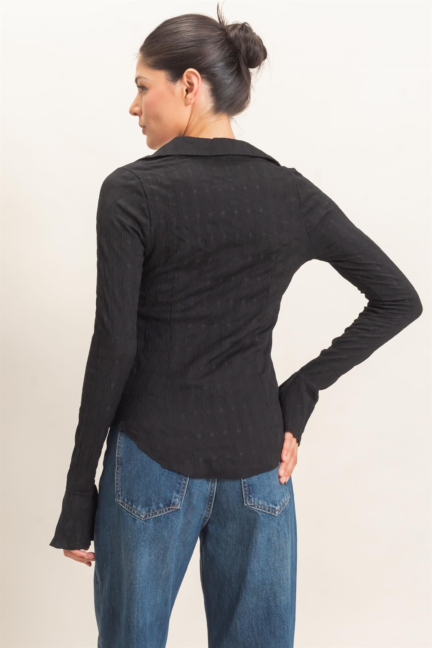 Wholesale Textured Button-Up Collared Top Shirts HF26E062 BLACK HYFVE