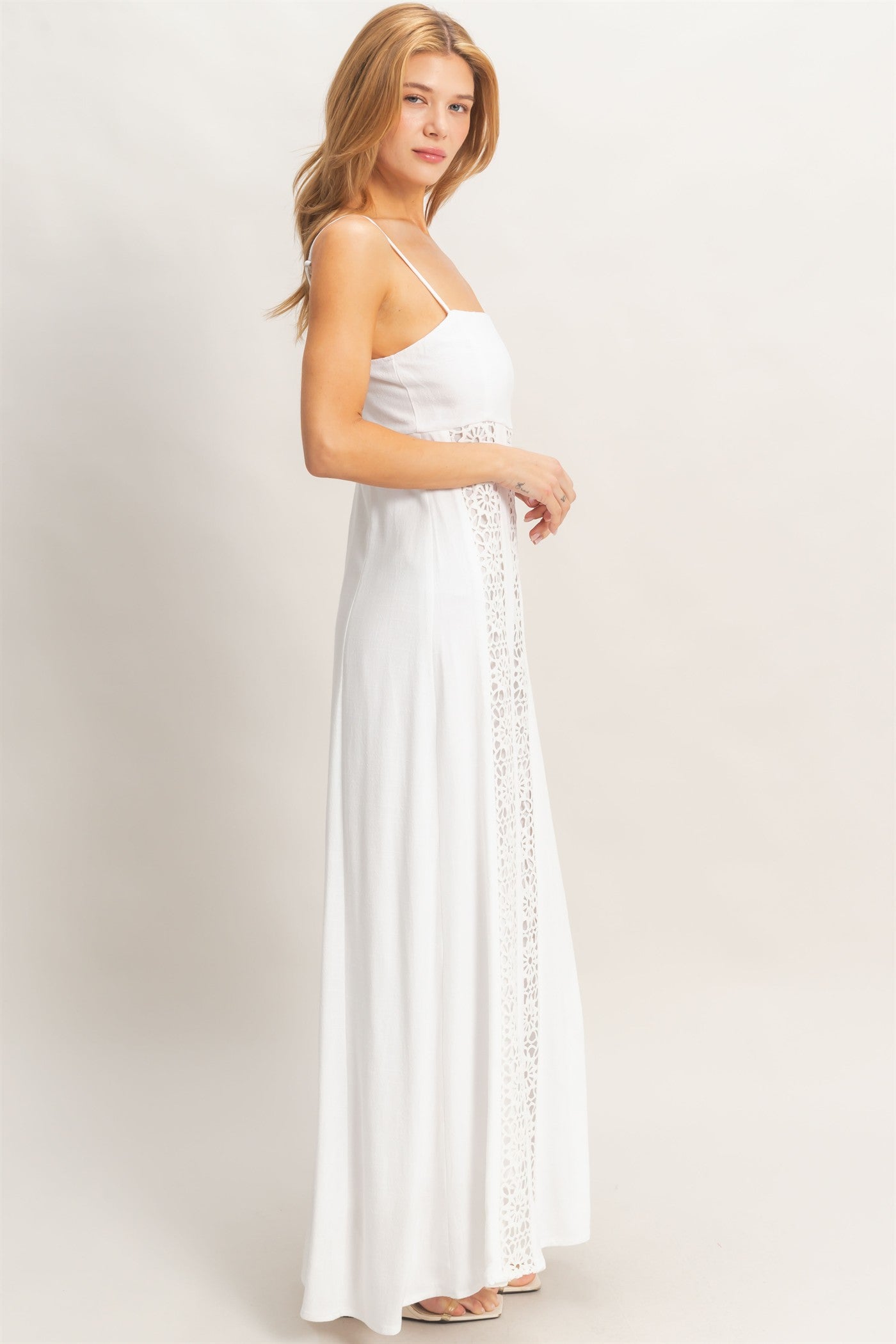 Wholesale Woven Lace Trim Maxi Dress Dresses HF26A498 WHITE HYFVE