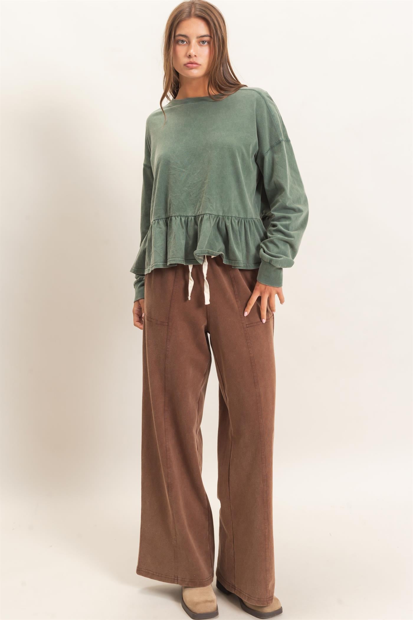 Wholesale Acid Wash Drawstring Waist Wide Leg Pants Pants DZ25A685 DARK BROWN DOUBLE ZERO