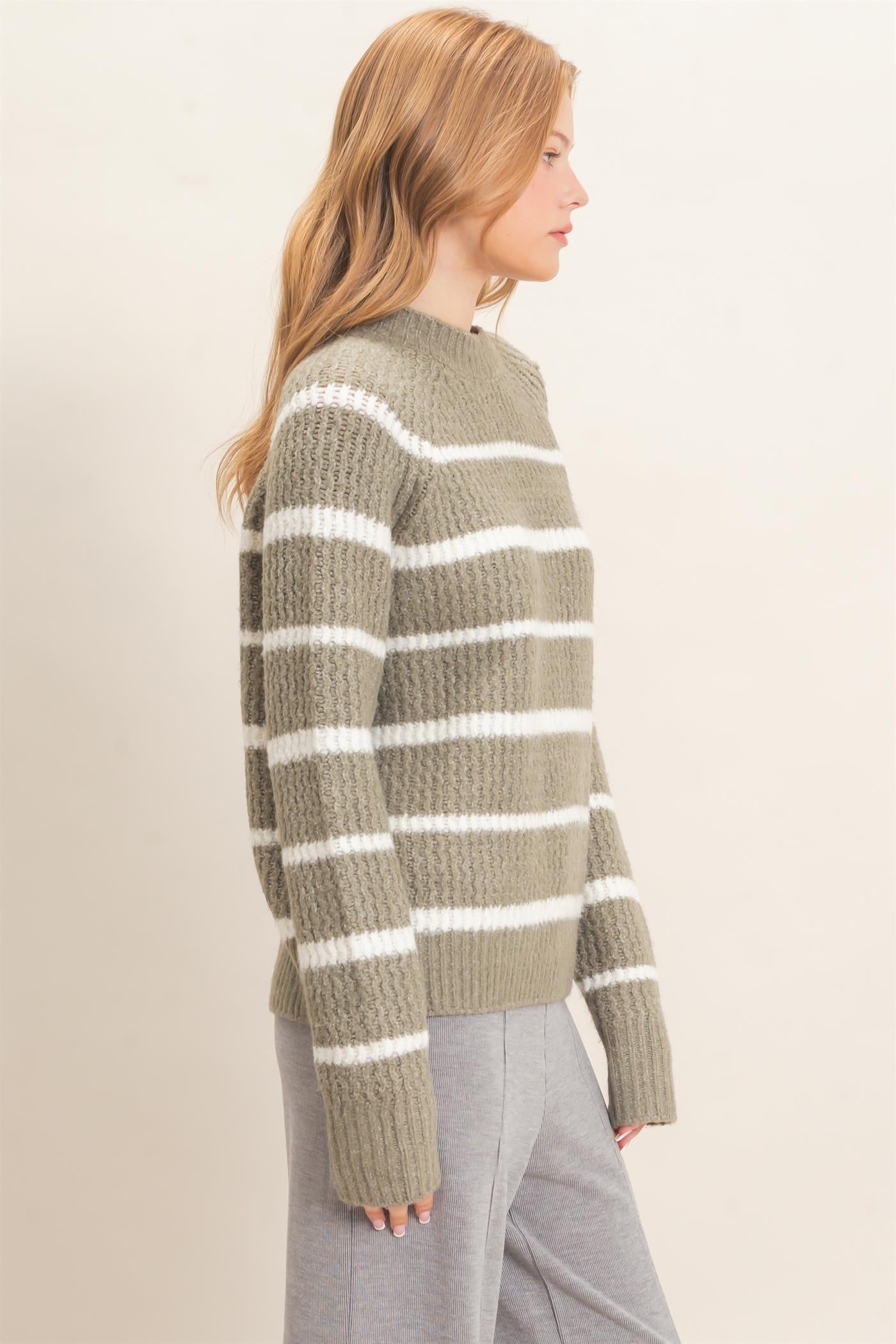 Wholesale Textured Striped Mock Neck Sweater Sweaters HF26E765 OLIVE HYFVE