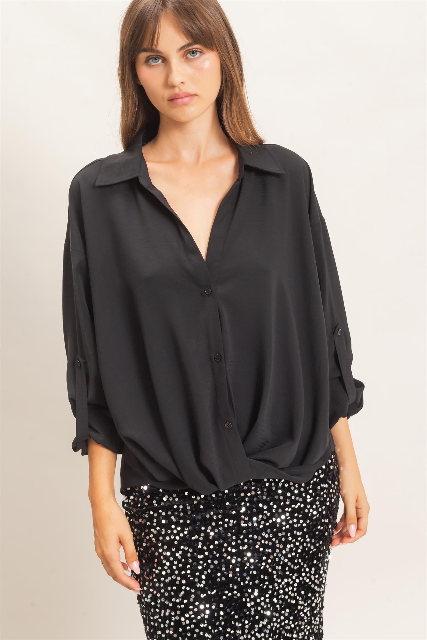 Wholesale Button-Up Dolman Sleeve Top Shirts HF26F070 BLACK HYFVE