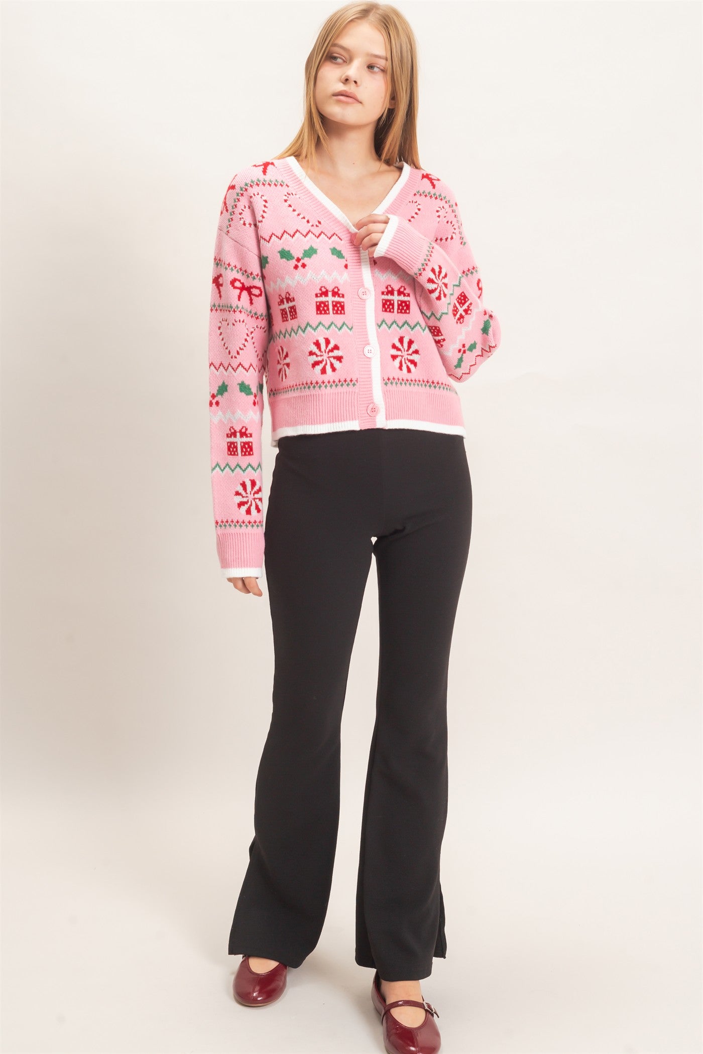 Wholesale Holiday Jacquard V-Neck Cardigan Cardigans HF26E919 PINK HYFVE