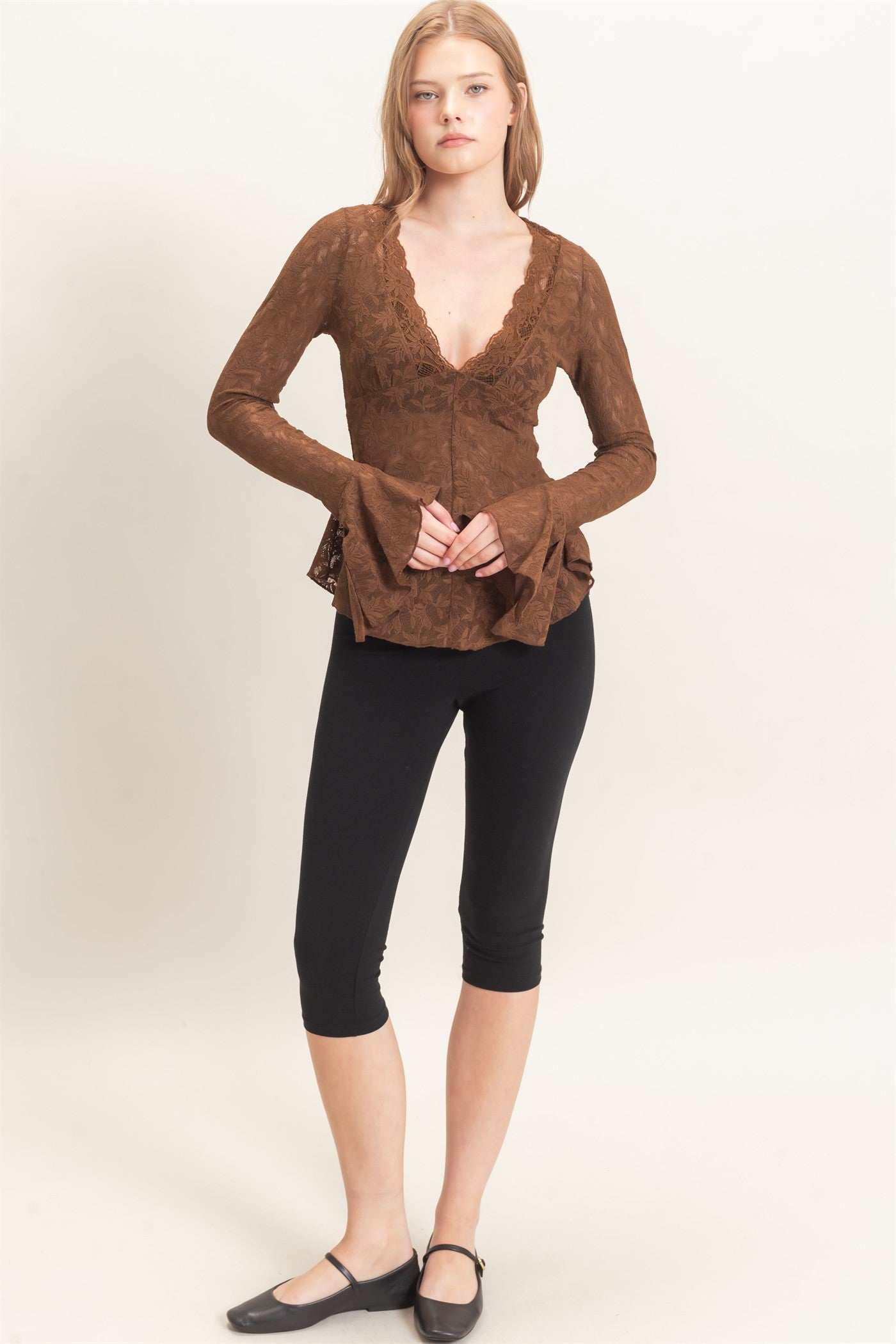 Wholesale Lace V-Neck Flare Sleeve Top Clothing Tops HF26E359 BROWN HYFVE
