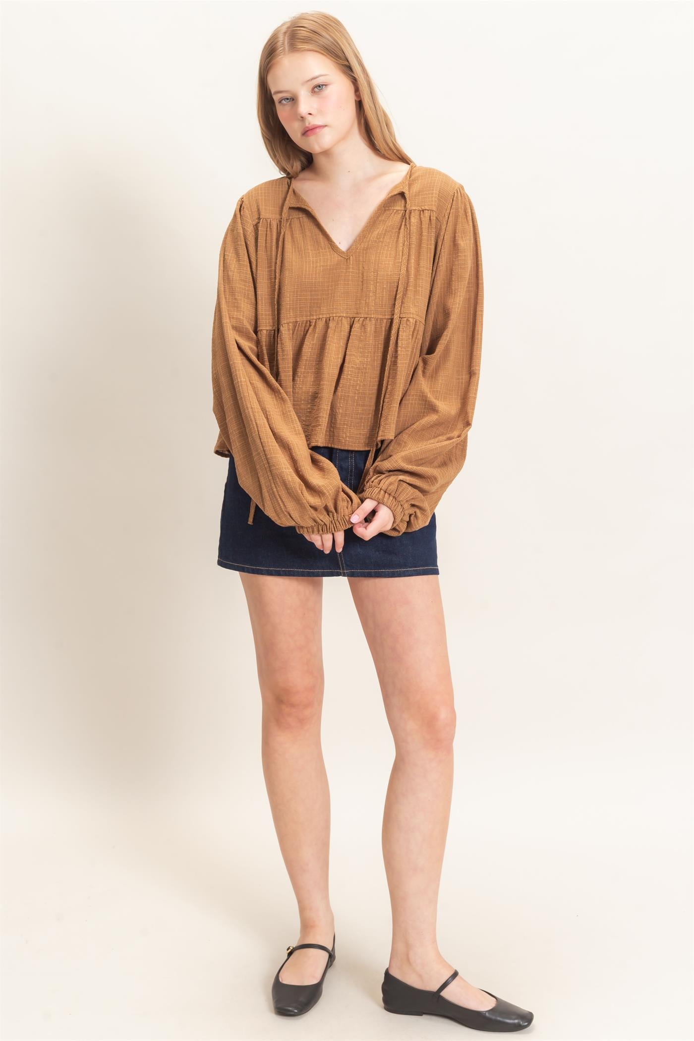 Wholesale Tie Front Peplum Blouse Blouses HF26F065 BROWN HYFVE