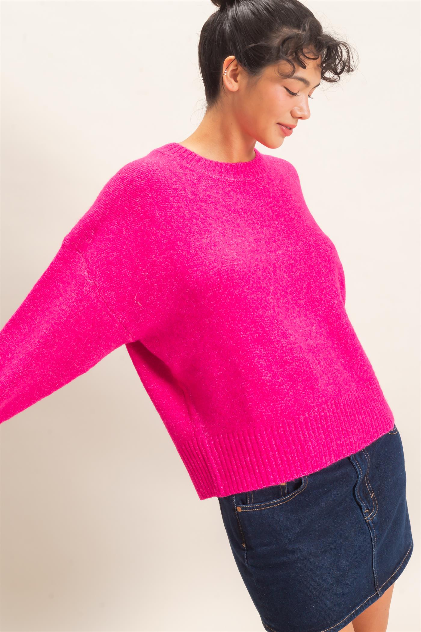 Wholesale Relaxed Fit Crew Neck Sweater Sweaters DZ26E956 FUCHSIA DOUBLE ZERO