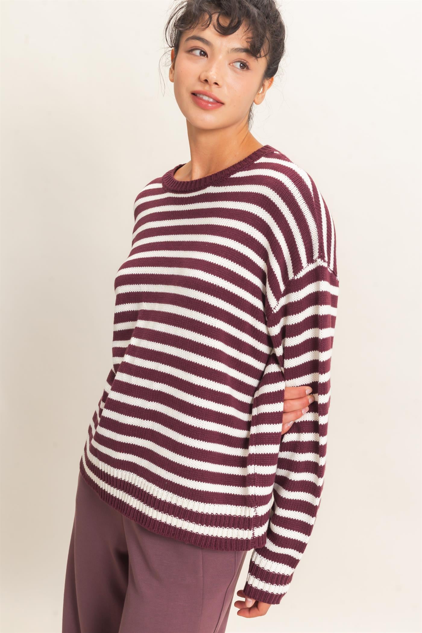 Wholesale Striped Crew Neck Sweater Sweaters DZ26E237 DARK CHERRY DOUBLE ZERO