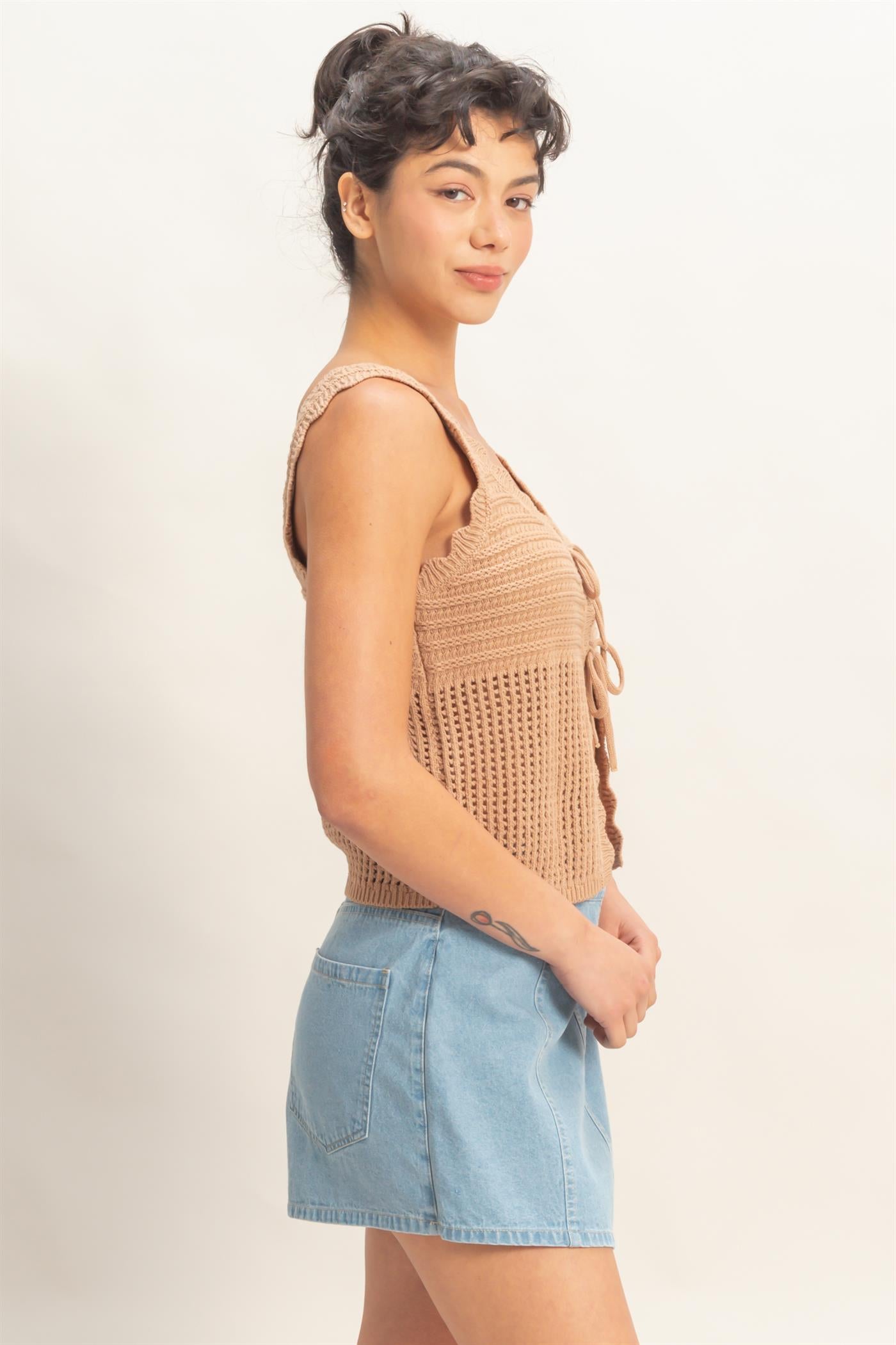 Wholesale Sleeveless Open Knit Double Tie-Front Vest Shirts DZ26A809 DARK TAUPE DOUBLE ZERO