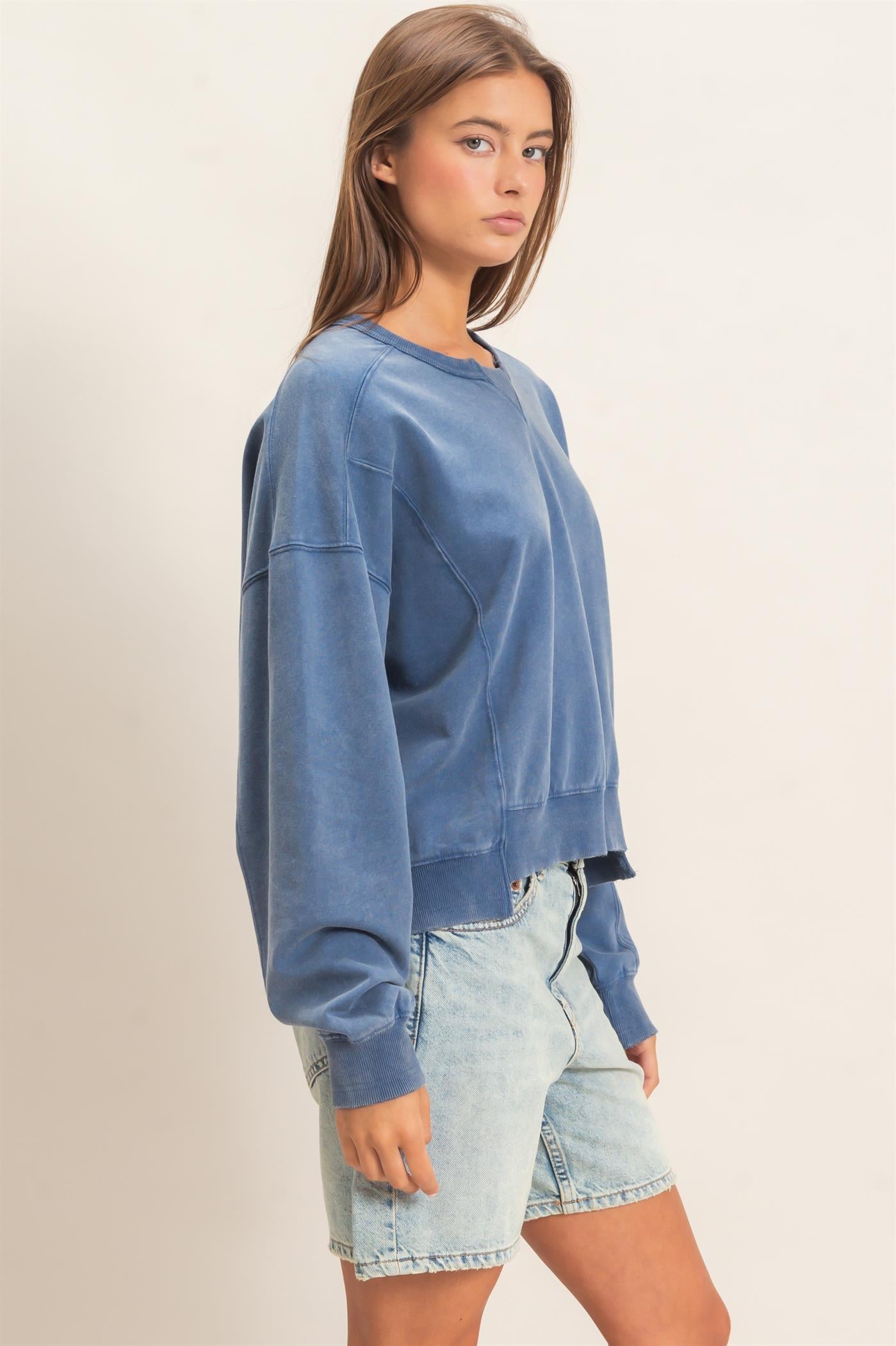 Wholesale Acid Wash Seam Detail Crew Neck Sweatshirt Sweatshirts DZ26E260 NAVY DOUBLE ZERO