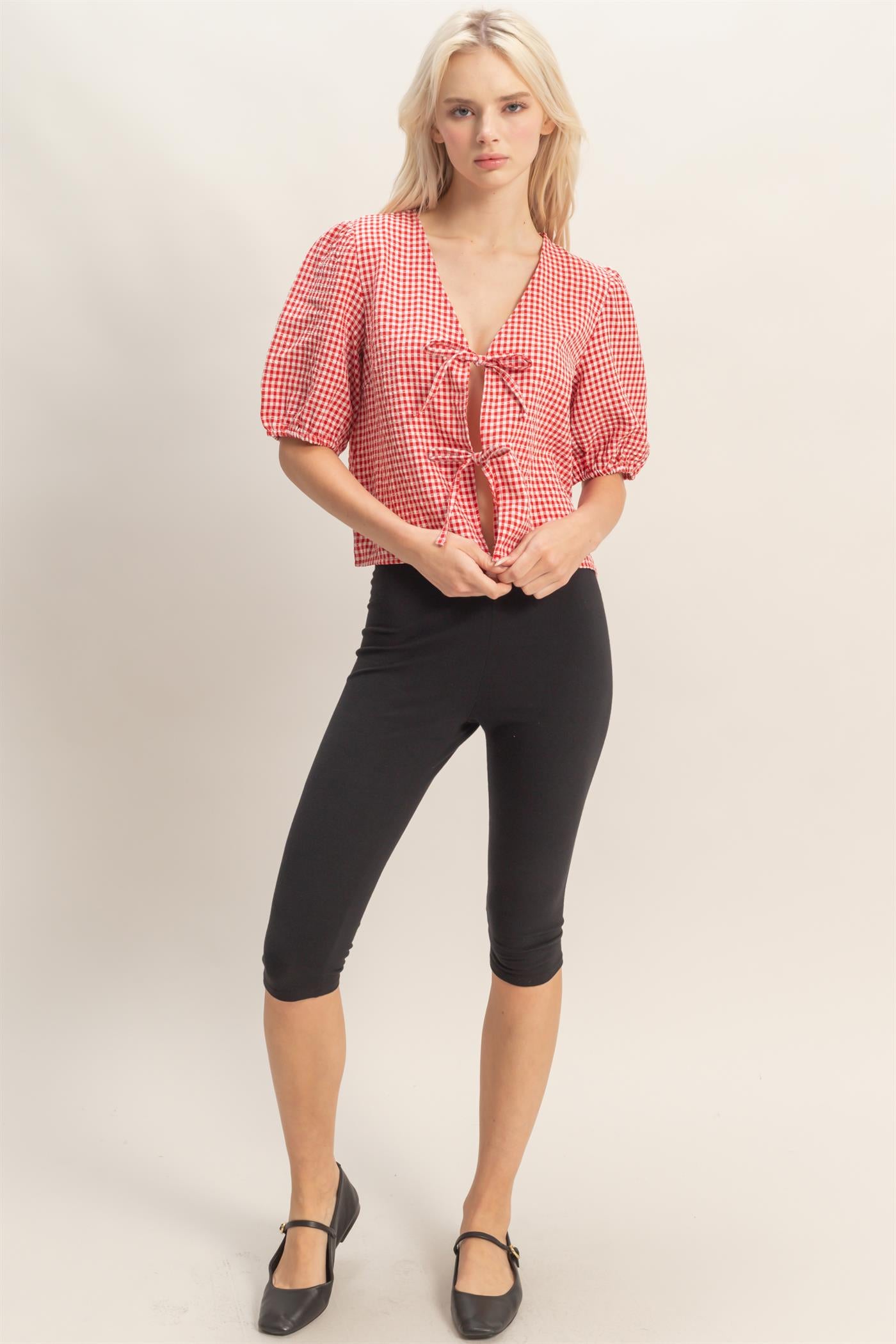 Wholesale Gingham Bow Tie Puff Sleeve Blouse Blouses DZ26C229 RED DOUBLE ZERO