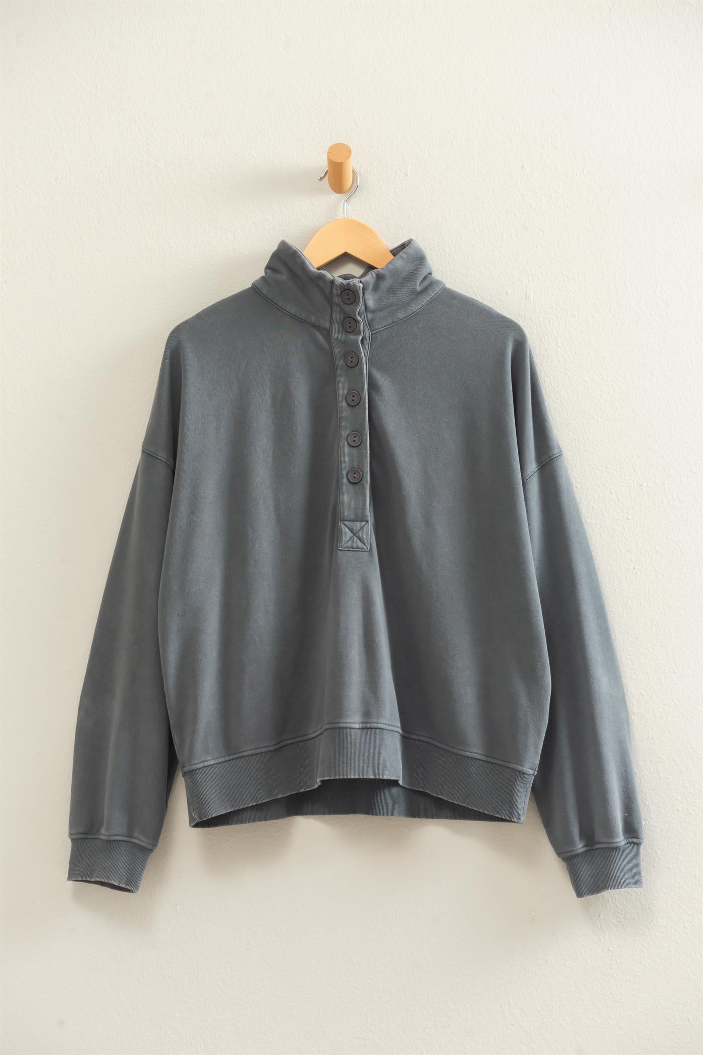 Wholesale Mineral Wash Button Front Sweatshirt Sweatshirts DZ26C909 DARK GRAY DOUBLE ZERO