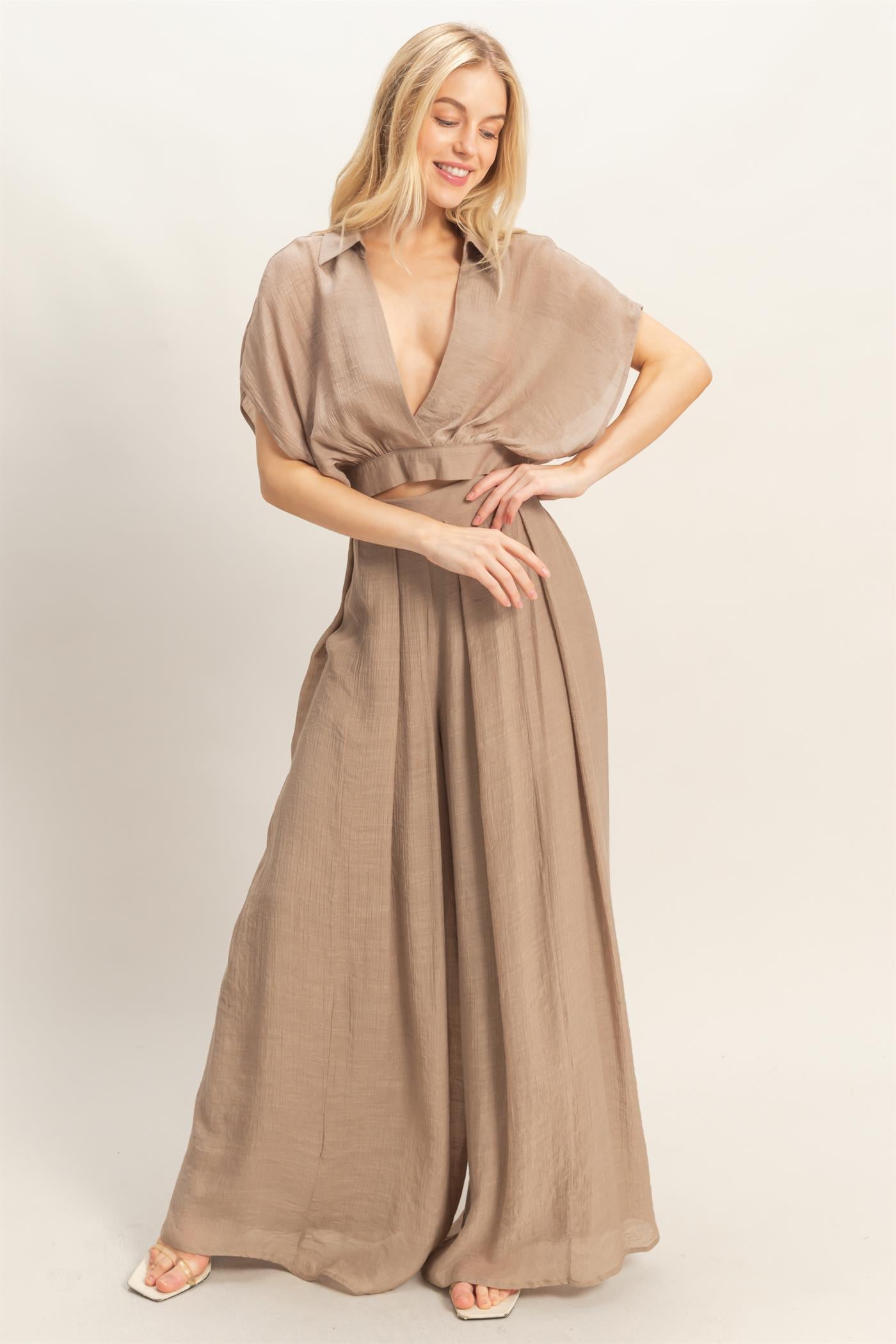 Wholesale Collared Wrap Top & Wide-Leg Pants Set Clothing HF26C286-SET-D LIGHT MOCHA HYFVE