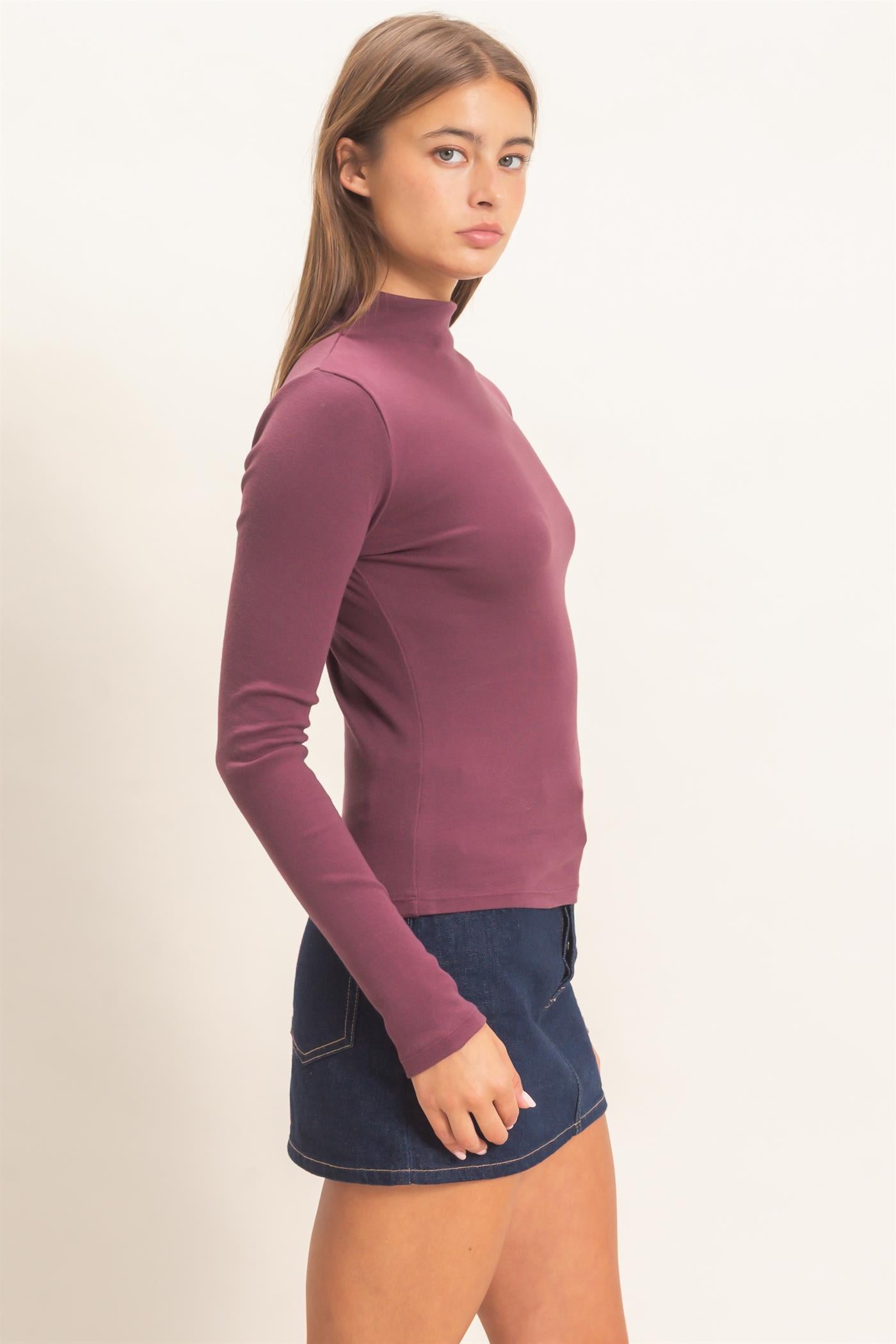 Wholesale Mock Neck Long Sleeve Top Clothing Tops DZ26F281 DARK CHERRY DOUBLE ZERO