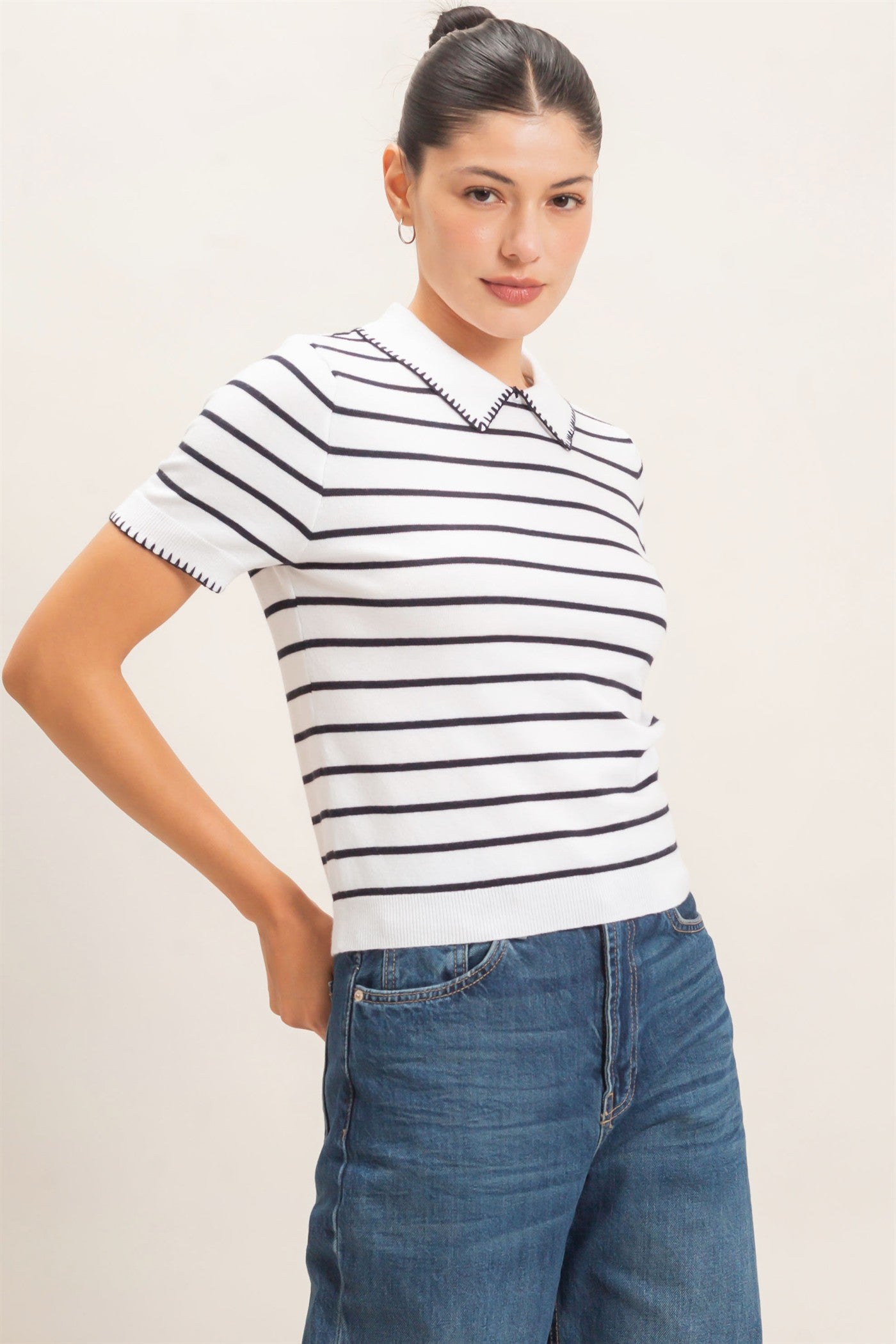 Wholesale Striped Polo Collar Sweater Sweaters HF26E233 WHITE HYFVE