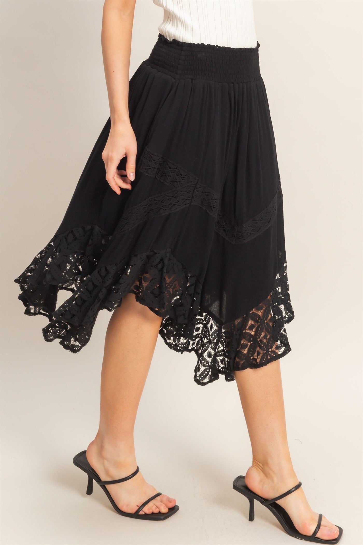 Wholesale Smocked Waist Lace Hem Skirt Skirts HF26A384 BLACK HYFVE