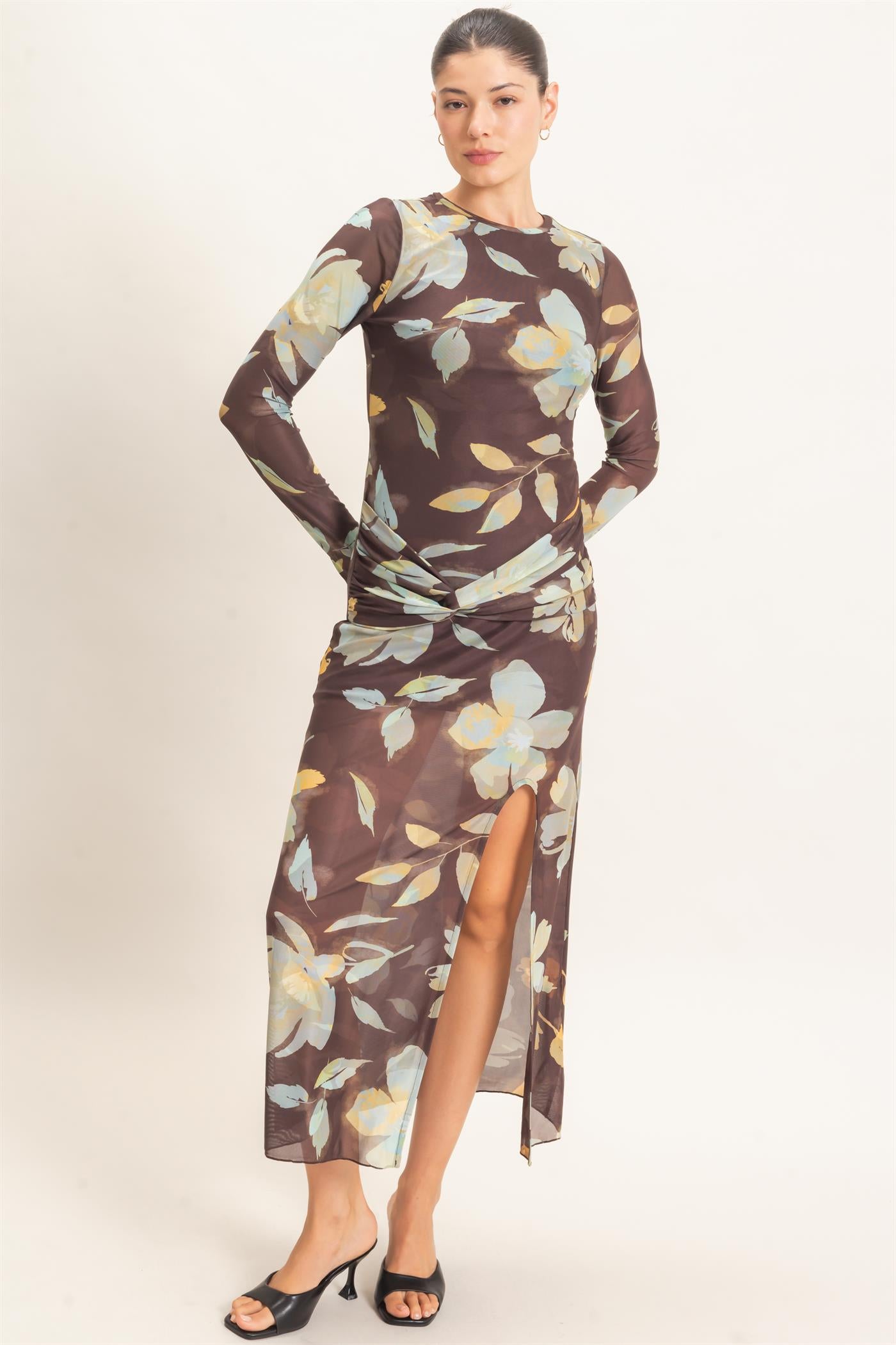 Wholesale Floral Mesh Knit Dress Dresses HF26E307 BROWN HYFVE