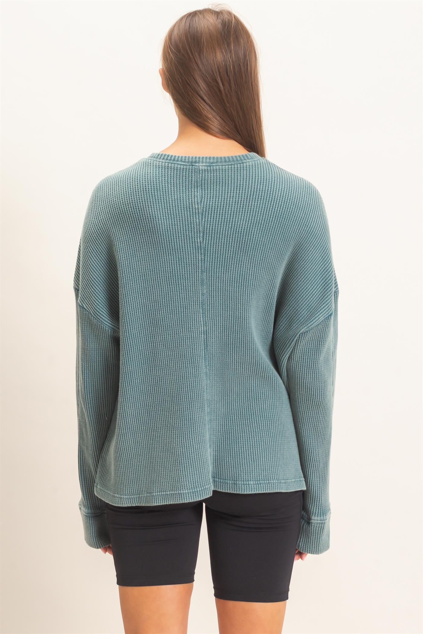 Wholesale Mineral Wash Waffle Long Sleeve Top Clothing Tops DZ26F242 DARK TEAL DOUBLE ZERO