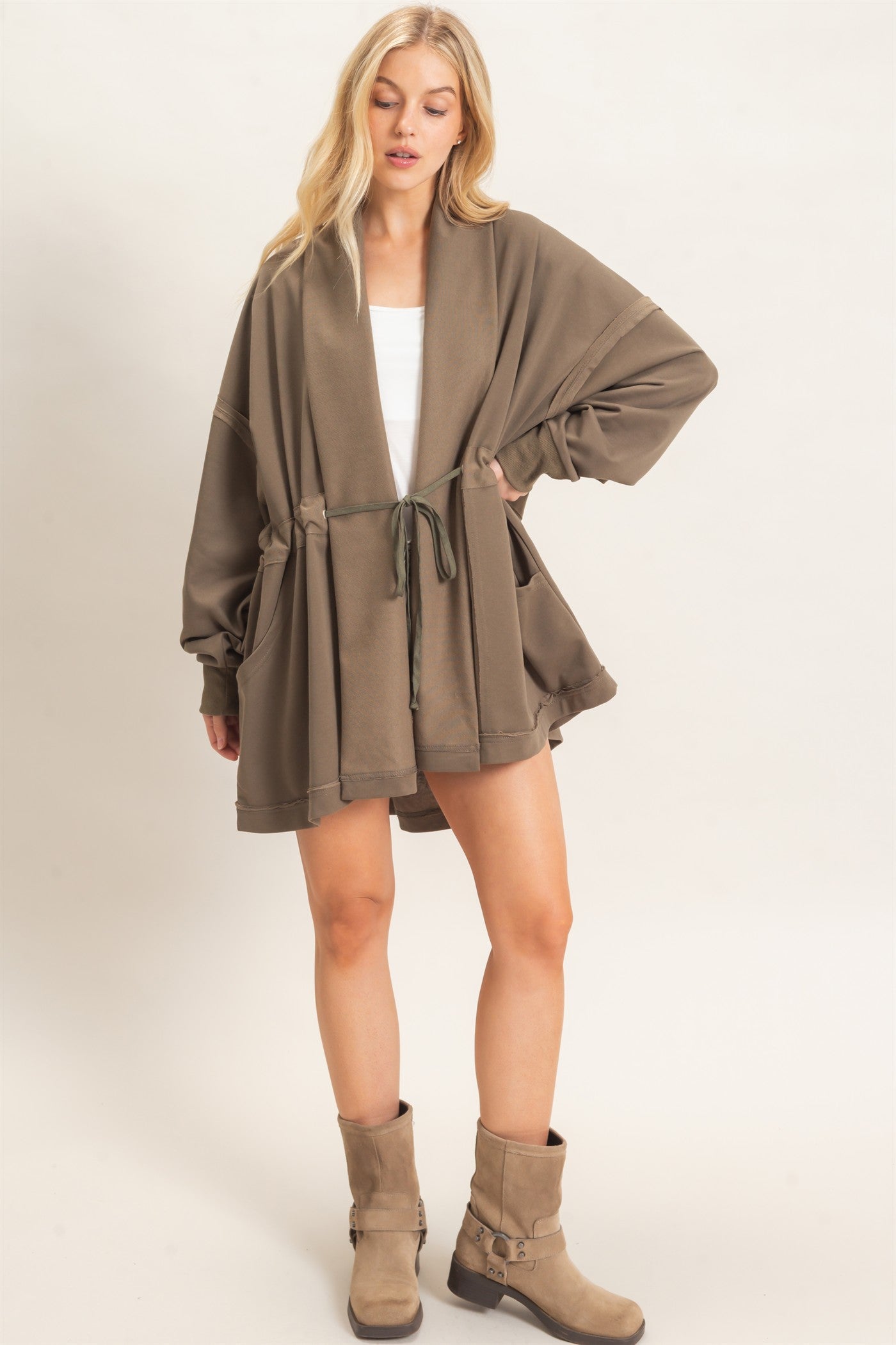 Wholesale Open Front Tie Waist Cardigan Cardigans HF26C778 OLIVE HYFVE