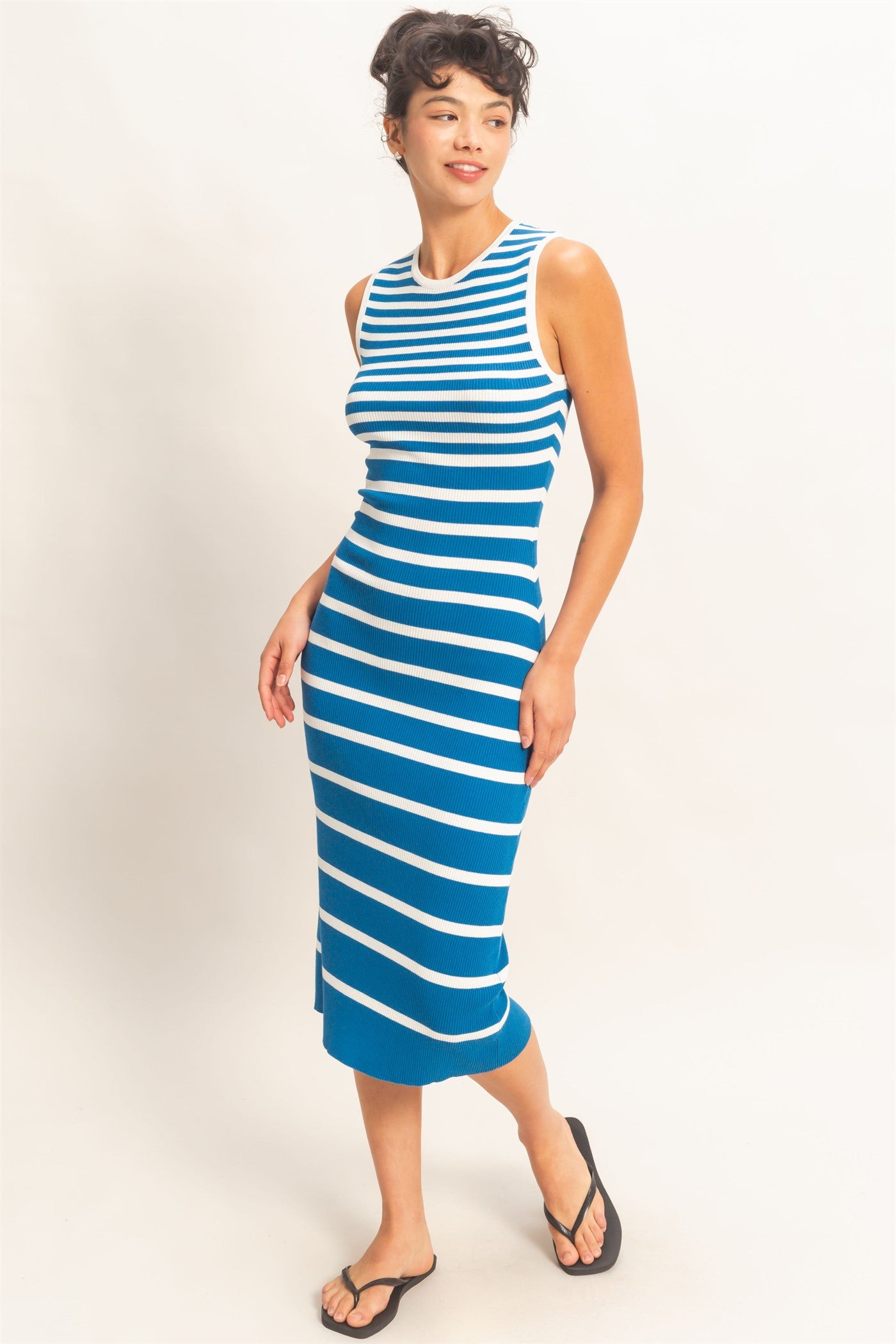 Wholesale Striped Ribbed Tank Midi Dress Dresses DZ26A797 BLUE DOUBLE ZERO