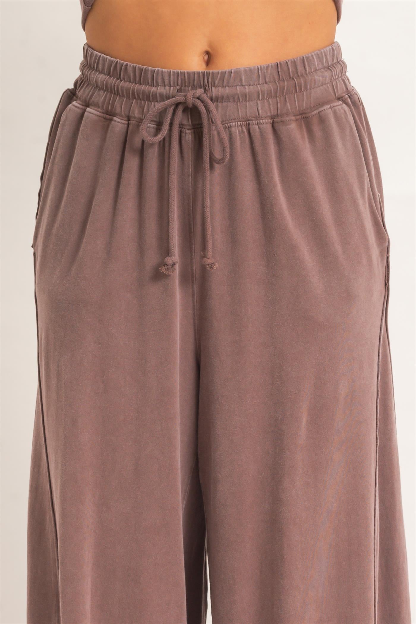 Wholesale Wide Leg Mineral Wash Pants Pants DZ26F406 DARK BROWN DOUBLE ZERO