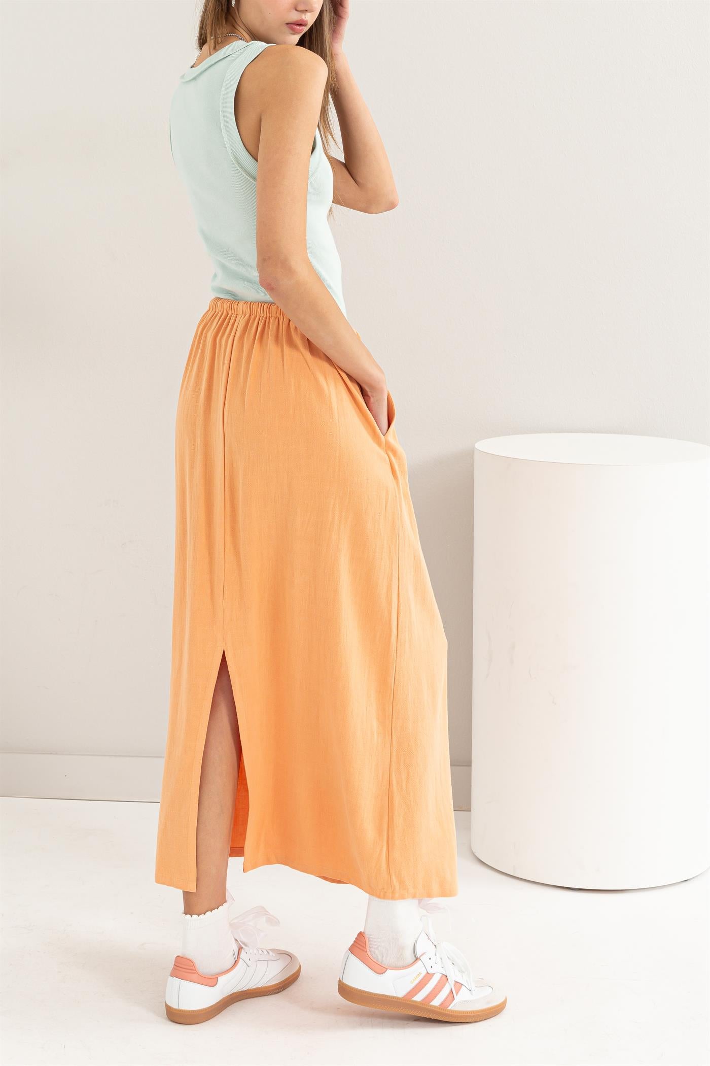 Wholesale Linen Midi Skirt Skirts DZ24A302 ORANGE DOUBLE ZERO