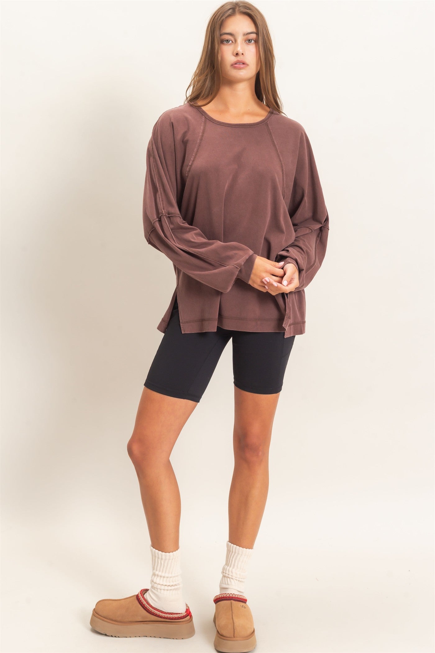 Wholesale Raglan Sleeve Snow Wash Top Shirts DZ26E945 DARK BROWN DOUBLE ZERO