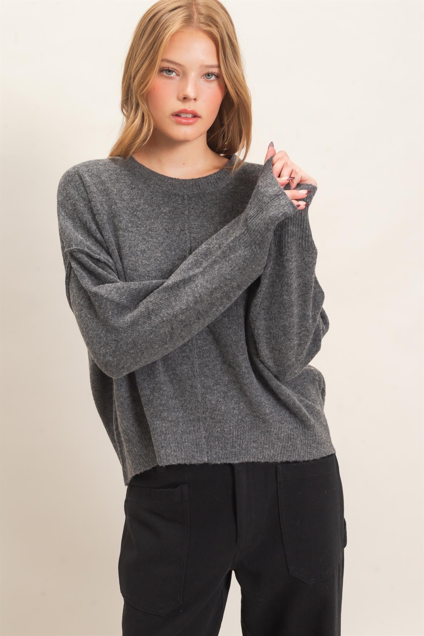 Wholesale Crew Neck Sweater With Ribbed Hem Sweaters HF26E203-D CHARCOAL HYFVE