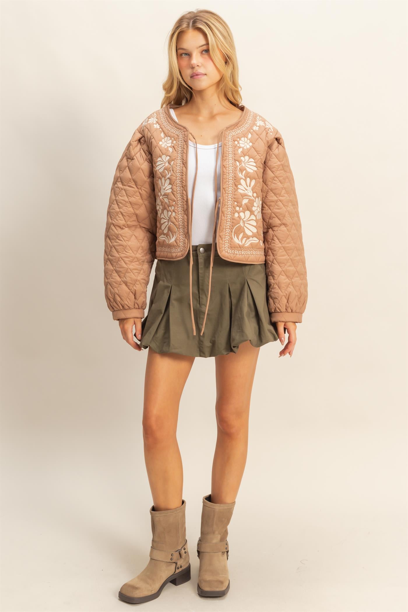 Wholesale Quilted Floral Embroidered Padding Jacket Coats & Jackets HF26A084 BROWN HYFVE