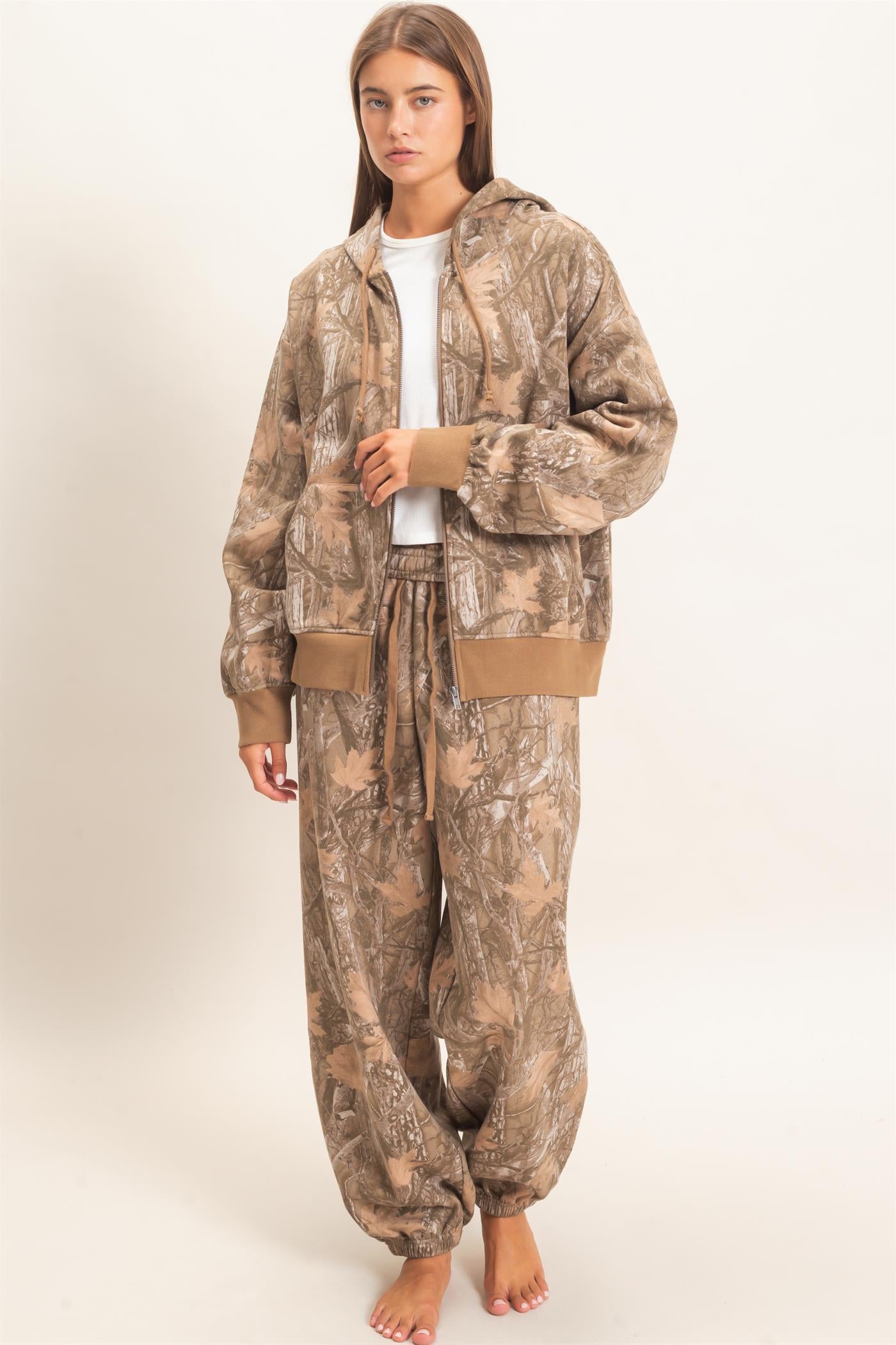 Wholesale Tree Camouflage Zip-Up Hoodie Outerwear DZ26E291 BROWN DOUBLE ZERO