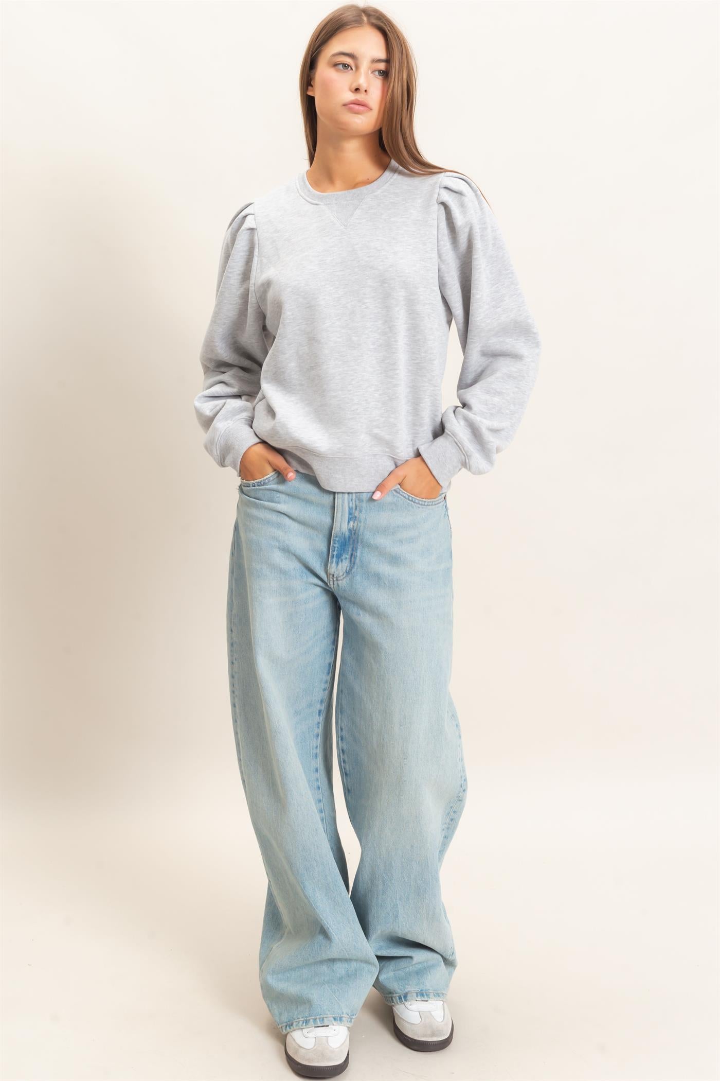 Wholesale Puff Sleeve Crew Neck Sweatshirt Sweatshirts DZ26E110 HEATHER GRAY DOUBLE ZERO