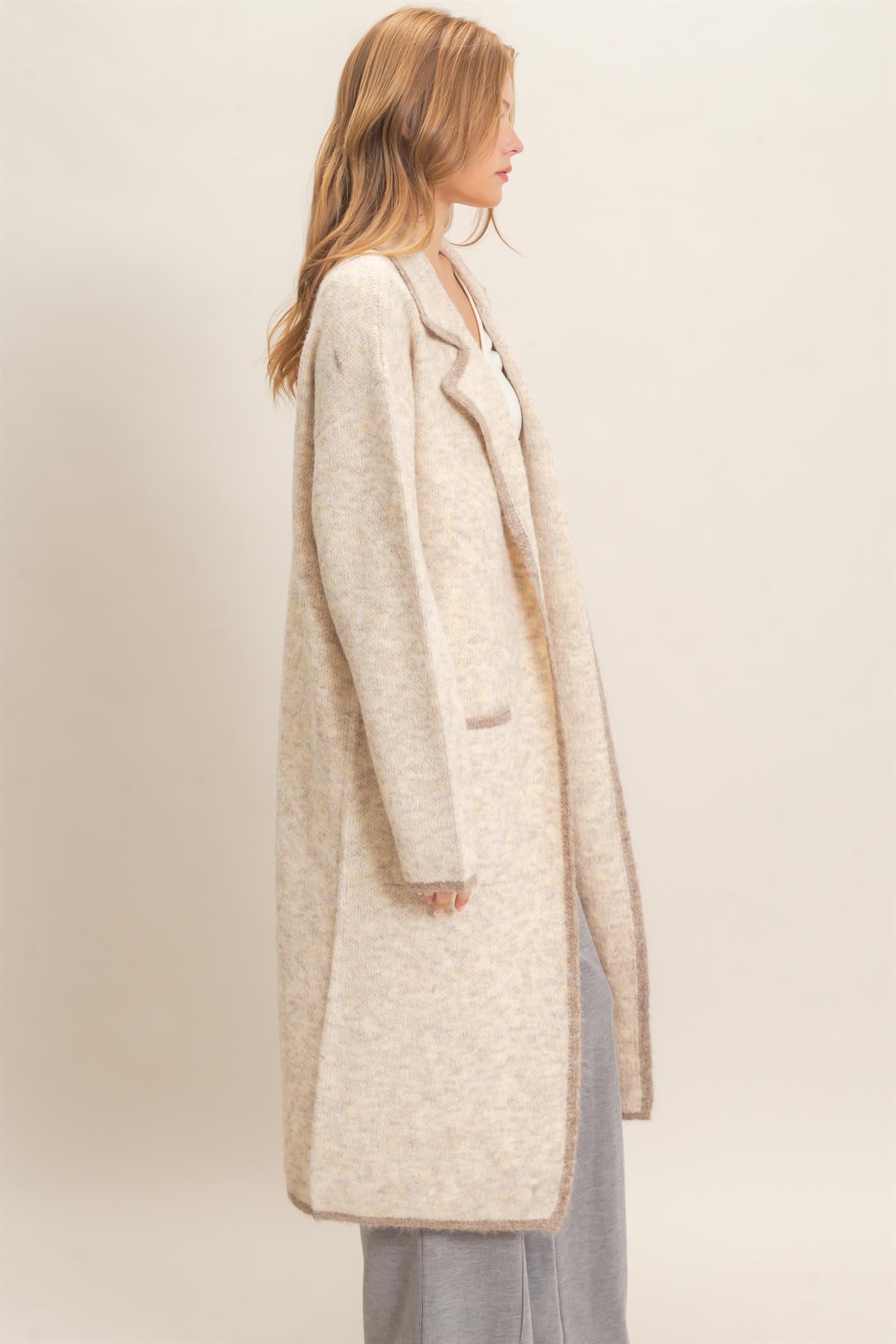 Wholesale Notched Collar Coatigan Sweater Cardigans HF26E695 OATMEAL HYFVE