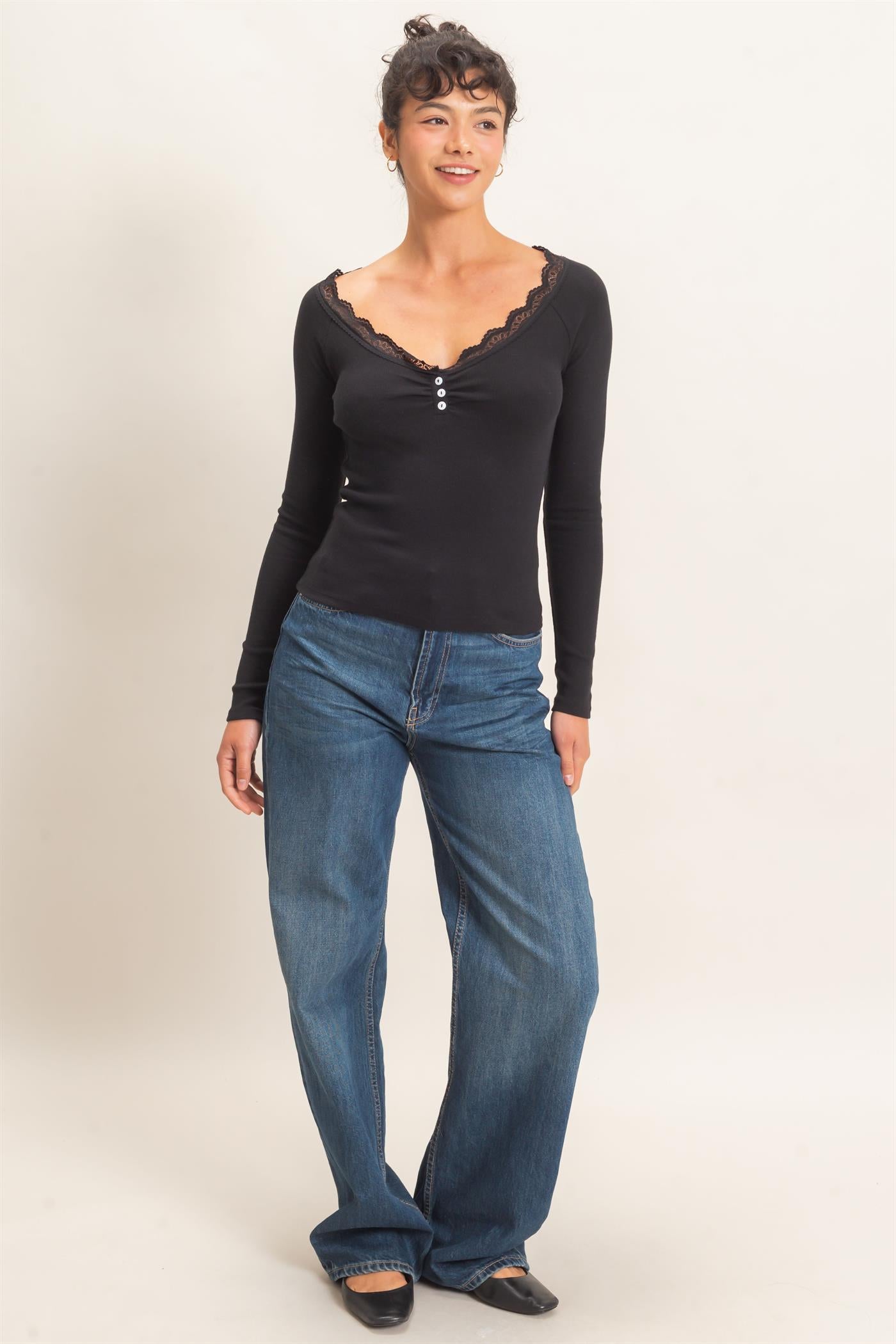 Wholesale Lace-Trim Henley Top Clothing Tops DZ26E325 BLACK DOUBLE ZERO