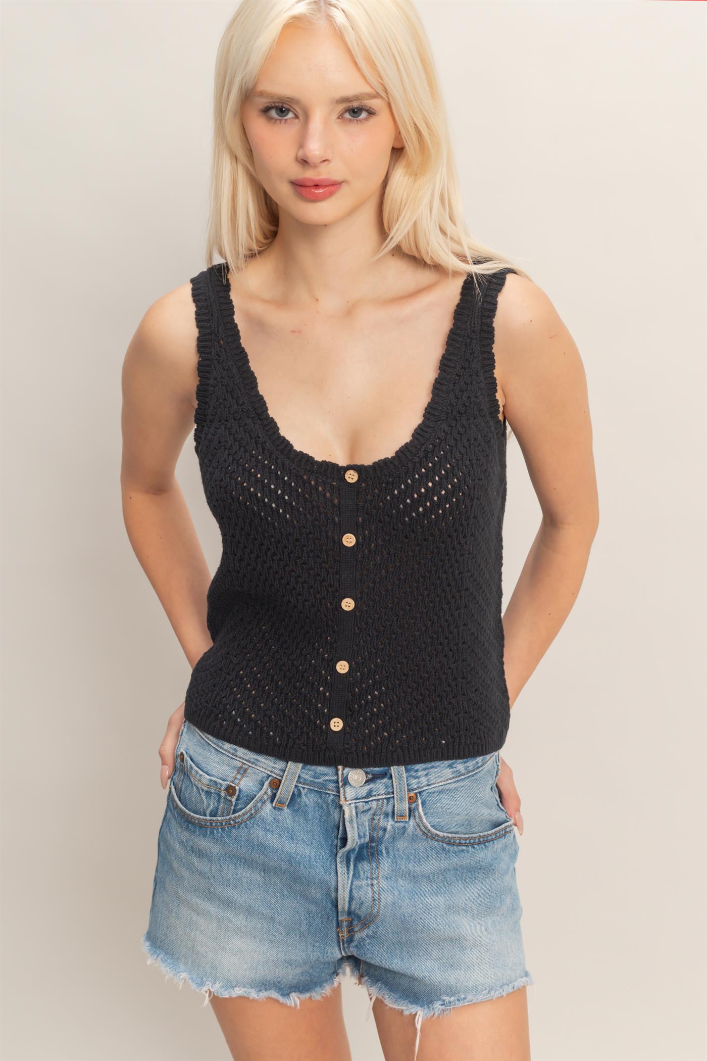 Wholesale Open Knit Scallop Edge Button Front Tank Top Tank Tops DZ26A221 BLACK DOUBLE ZERO