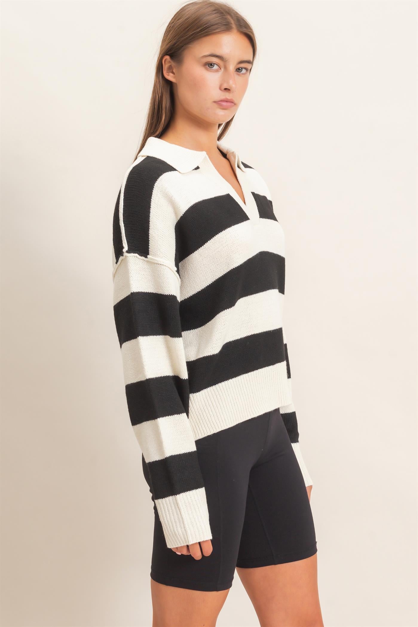 Wholesale Rugby Stripe Polo Sweater Sweaters DZ26E297 CREAM DOUBLE ZERO