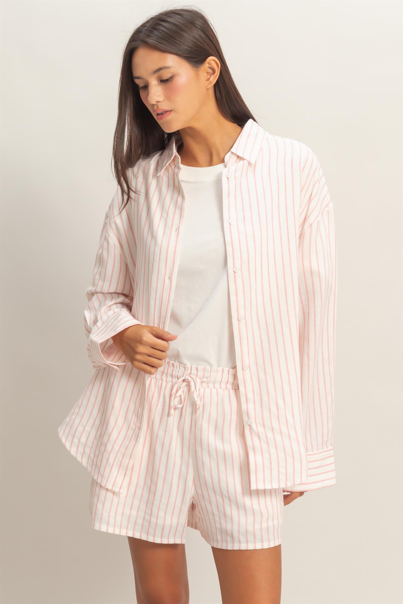 Wholesale Striped Button-Up Shirt Shirts DZ26C413 PINK DOUBLE ZERO