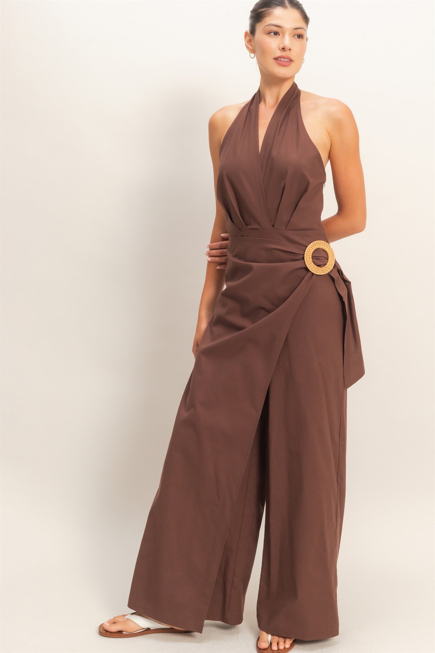 Wholesale Halter Wrap Jumpsuit Clothing HF26C374 DARK CHOCOLATE HYFVE