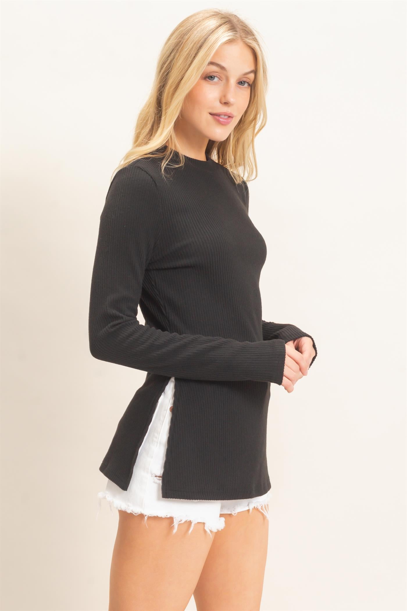 Wholesale Ribbed Crew Neck Sweater Clothing Tops HF26F034 BLACK HYFVE