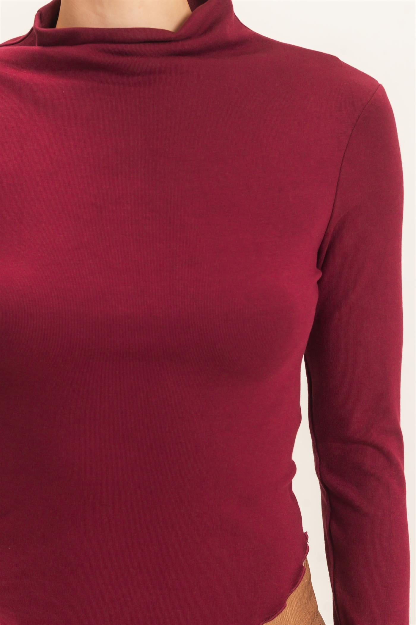 Wholesale Long Sleeve Lettuce Hem Top Clothing Tops HF26F122 BURGUNDY HYFVE