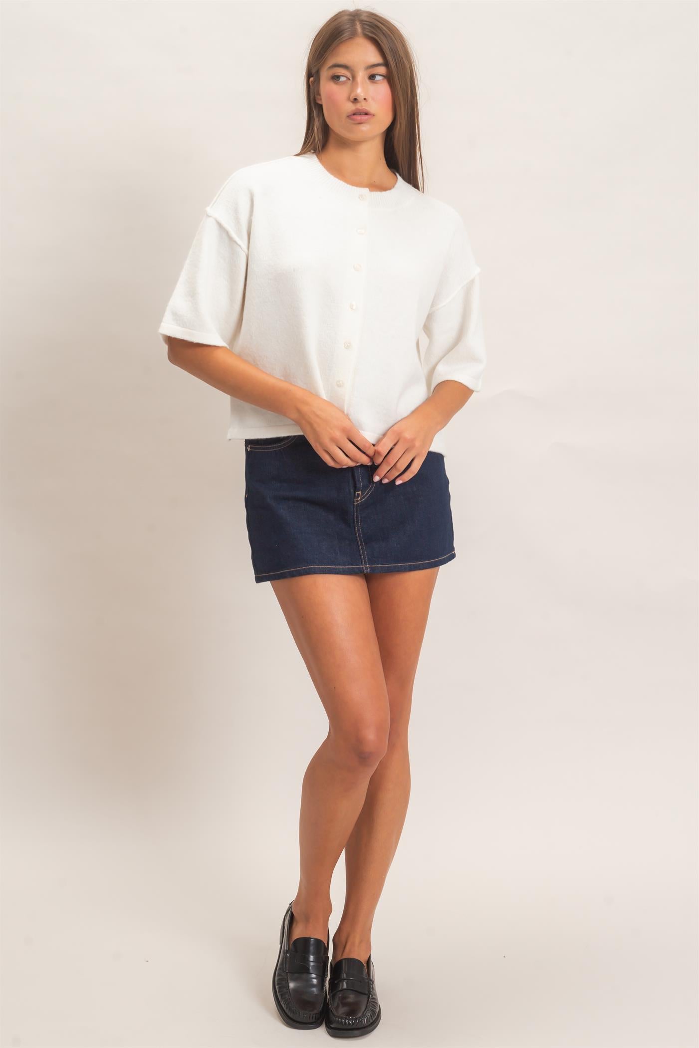 Wholesale Drop Shoulder Short Sleeve Cardigan Cardigans DZ26E238 WHIP CREAM DOUBLE ZERO