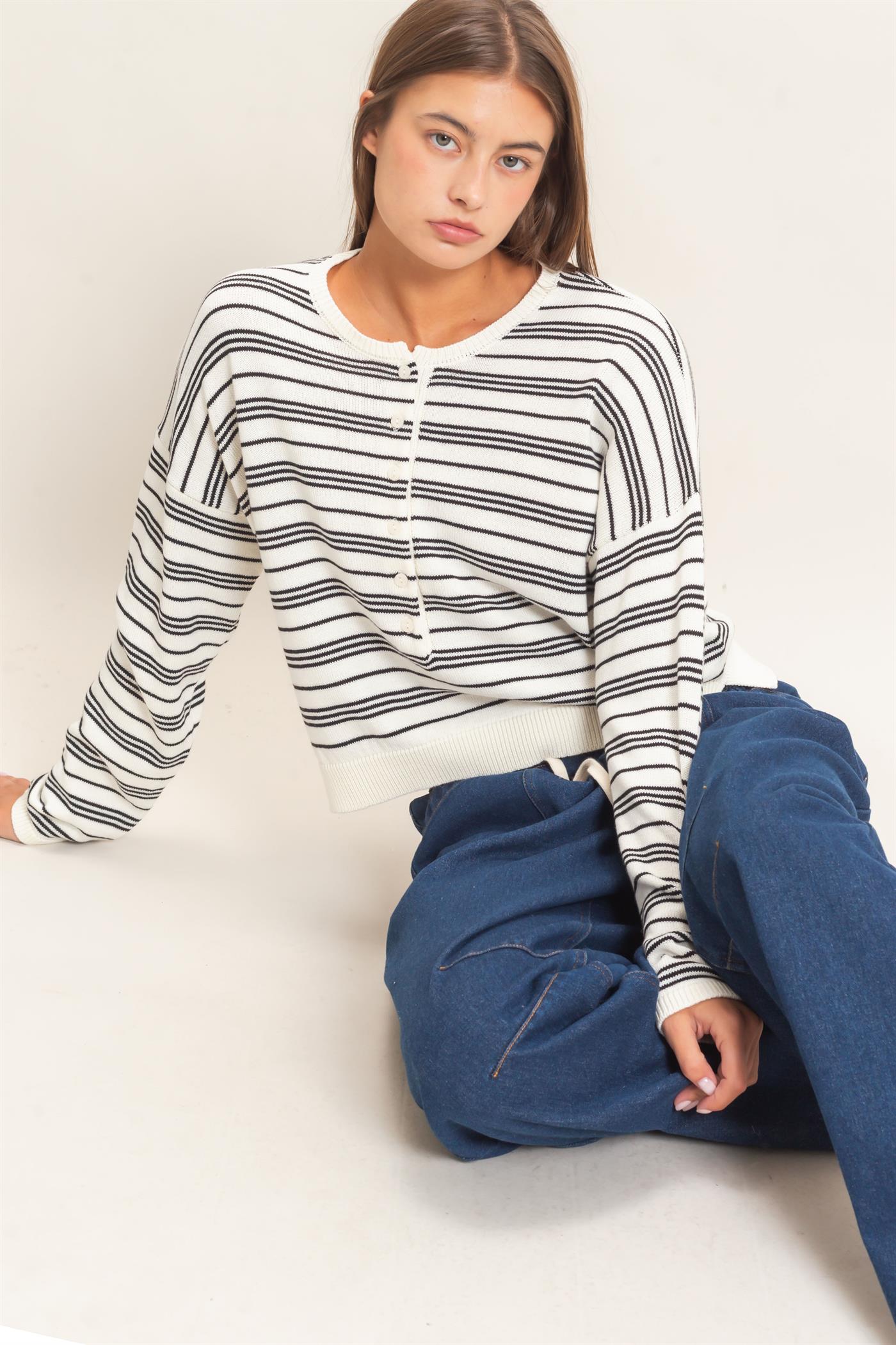 Wholesale Striped Henley Sweater Sweaters DZ26E113 CREAM DOUBLE ZERO