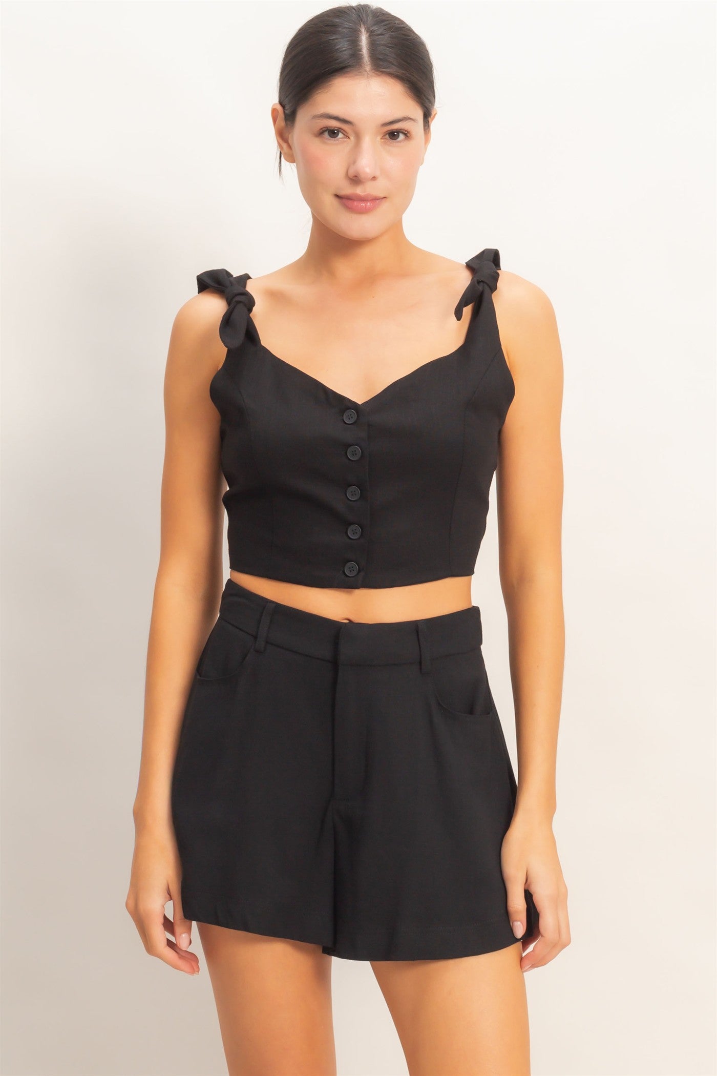 Wholesale Button-Up Tie Strap Crop Top Clothing Tops HF26A445 BLACK HYFVE