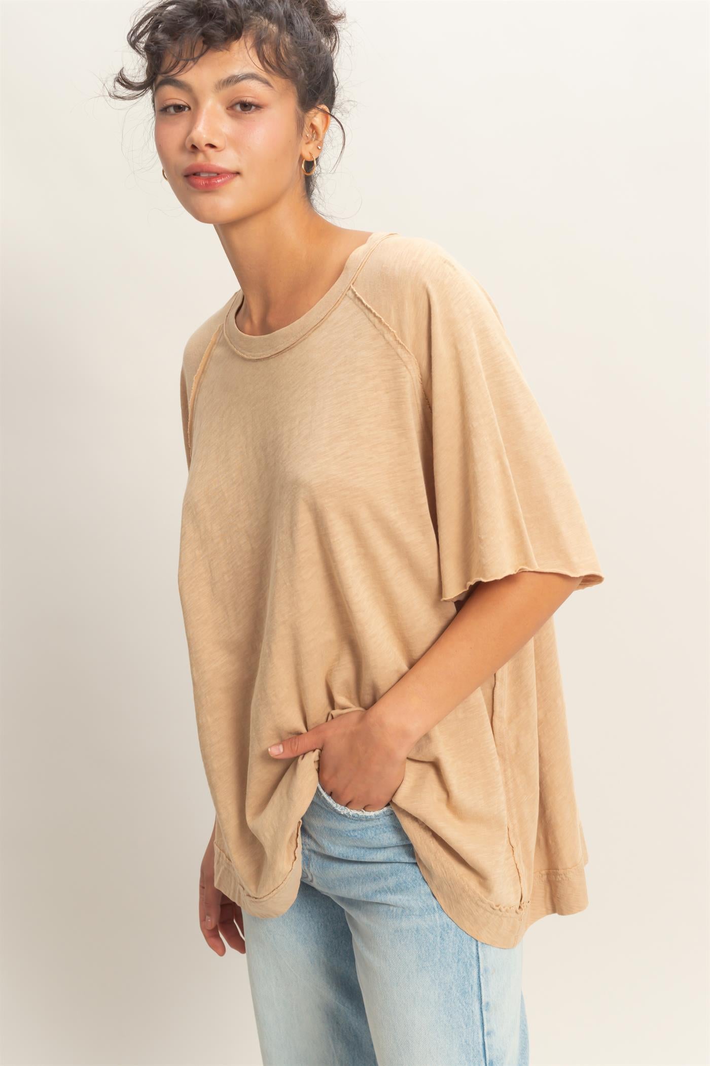 Wholesale Acid Washed Oversized Raw Edges Raglan Tee T-Shirts DZ26A333 DARK TAUPE DOUBLE ZERO