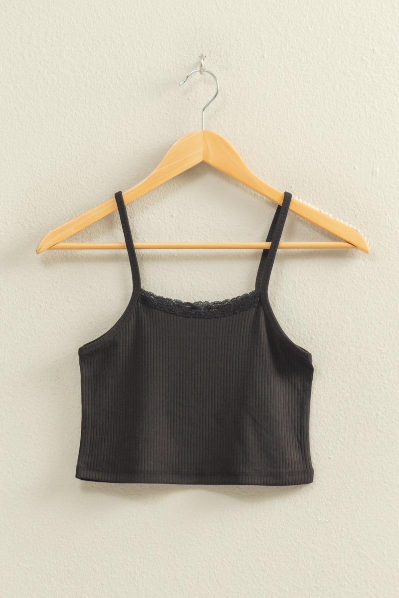 Wholesale Ribbed Lace Detail Cami Crop Top Clothing Tops DZ22C573 BLACK DOUBLE ZERO