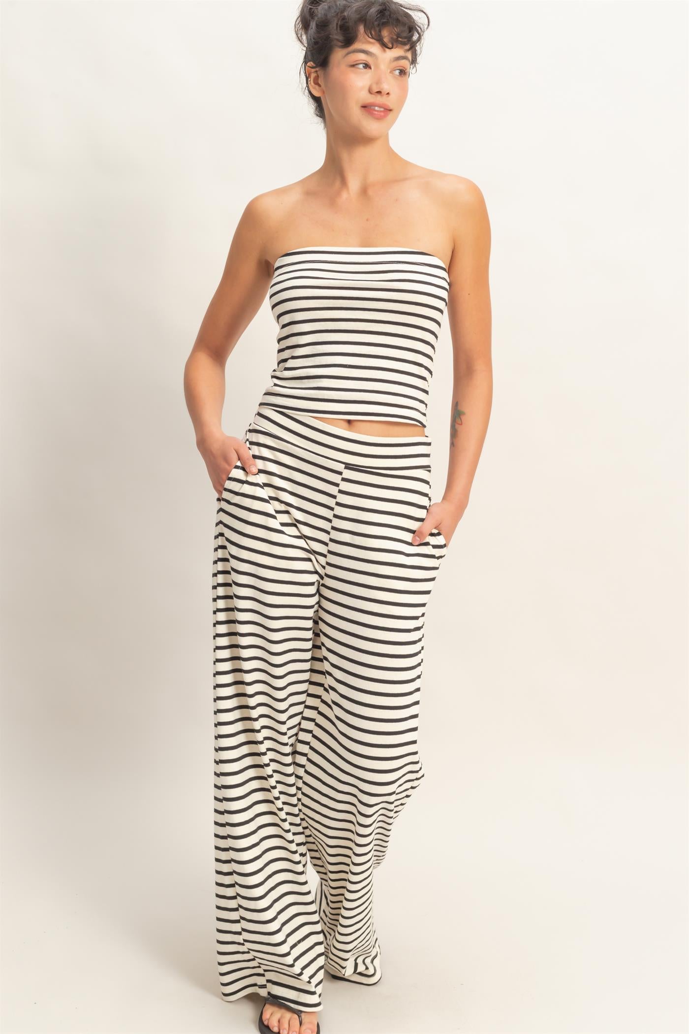 Wholesale Striped Jersey Tube Top And Pants Set Clothing DZ26C621-SET BLACK DOUBLE ZERO